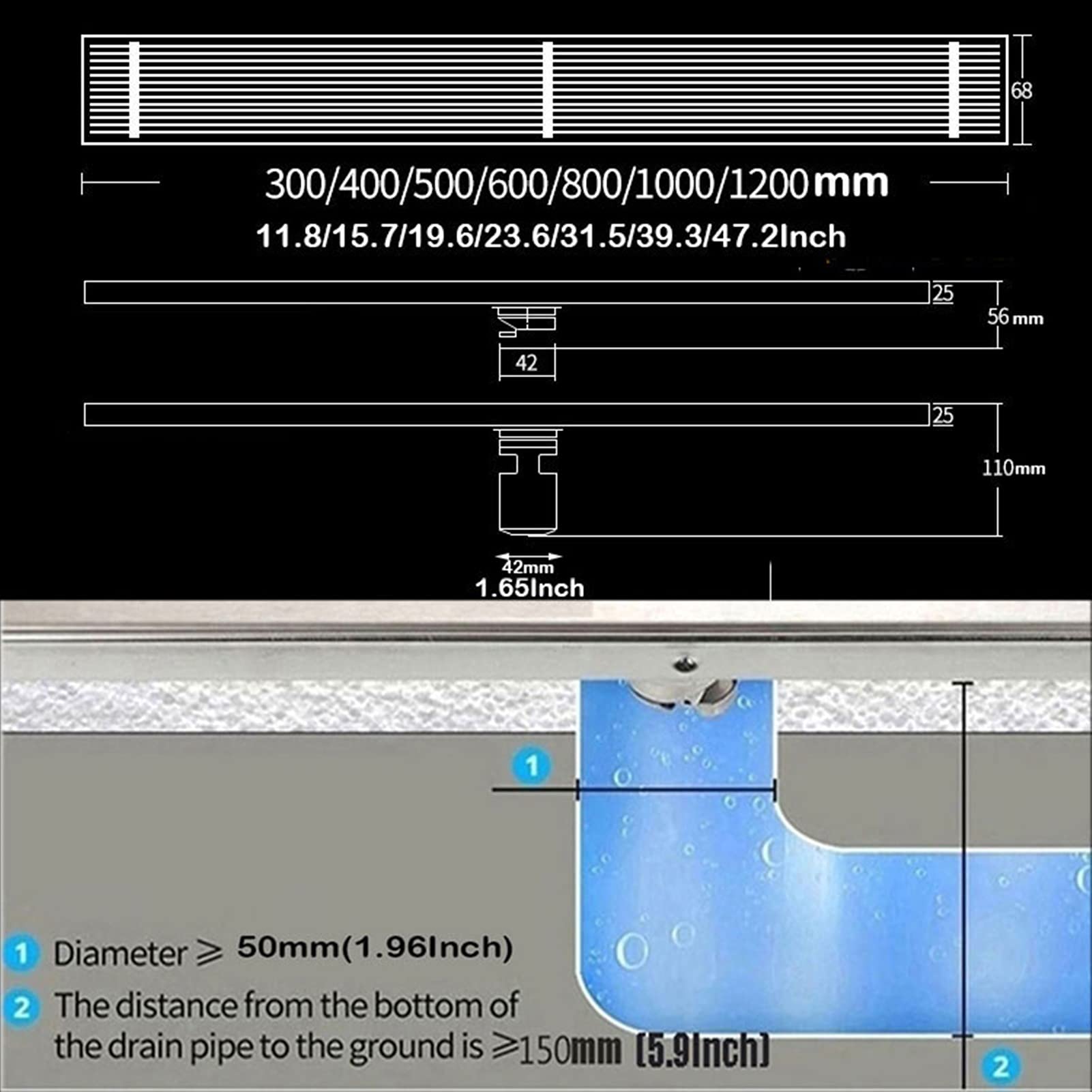 Desagüe Lineal de Ducha SUS304 con Filtro para Cabello, 120 cm (47,2"), Rectangular, extraíble, para baño y sótano. Fácil de Limpiar y de Alto caudal.