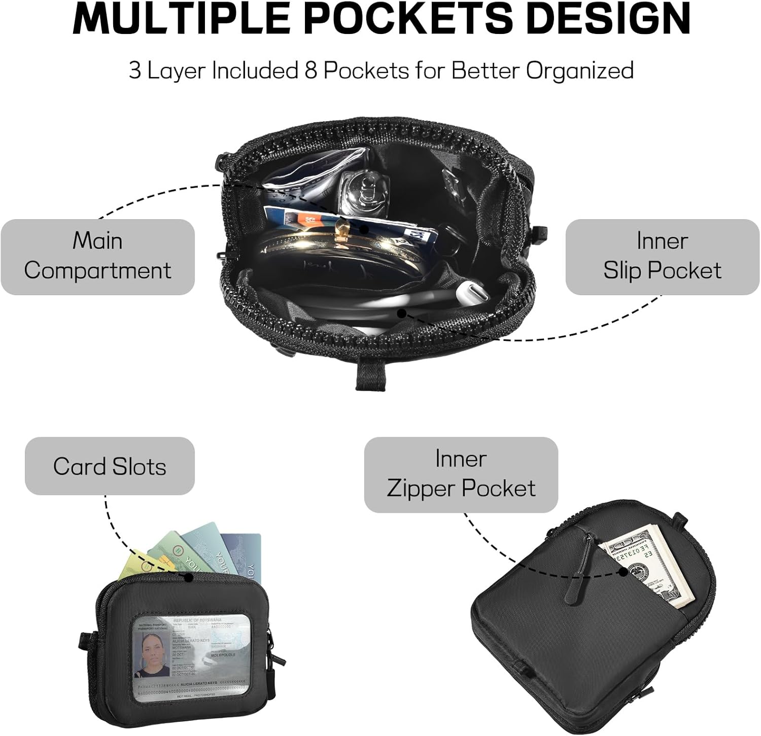 AIRSPO Clip and Go Strap for Phone with Wallet Crossbody, 3-in-1 Convertible Waist Bag with Detachable ID Window Case & Adjustable Strap (Black)