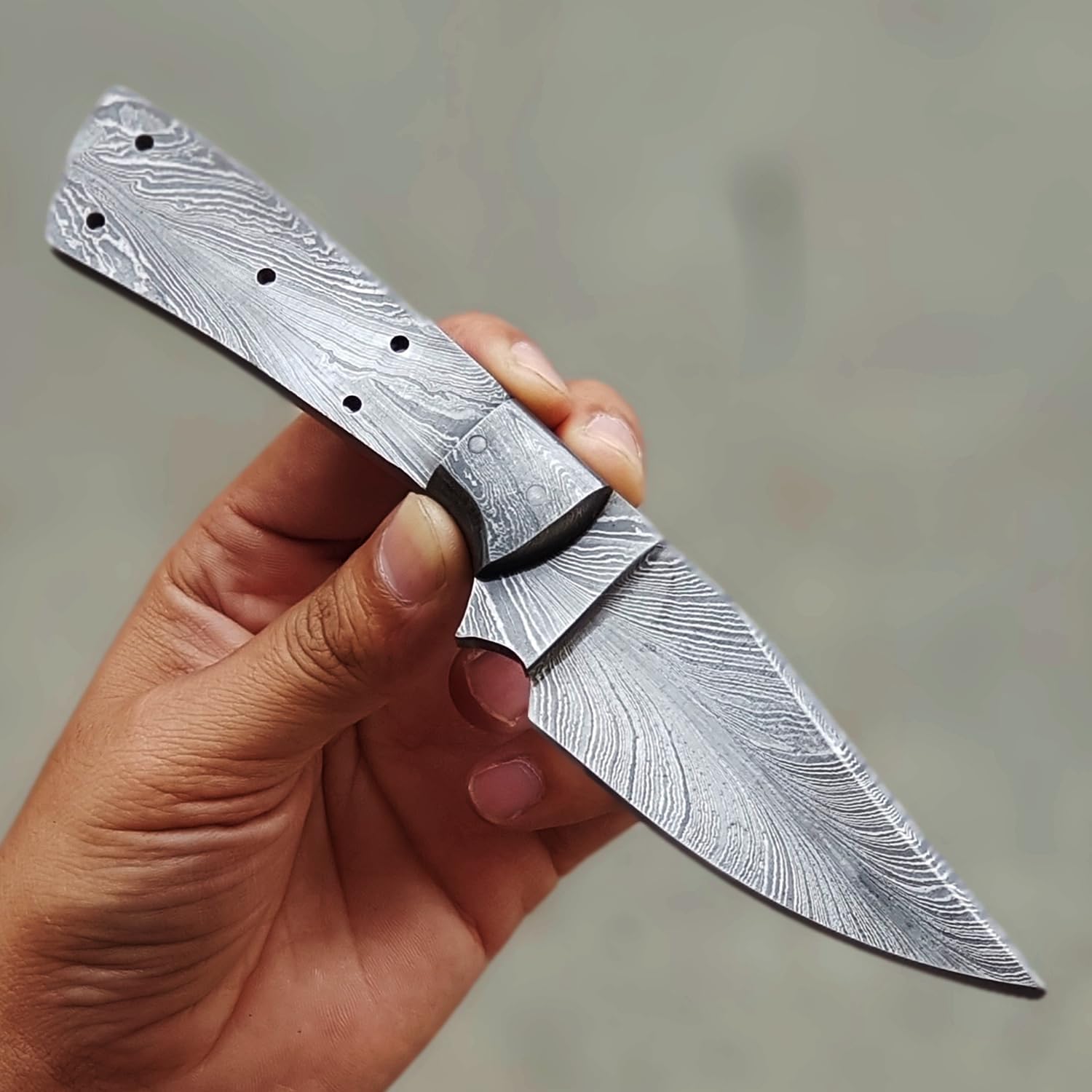 Feather Damascus Knife Blank for Knife Making with Pins Full Tang, 4 Inch Hunting Knife Blank
