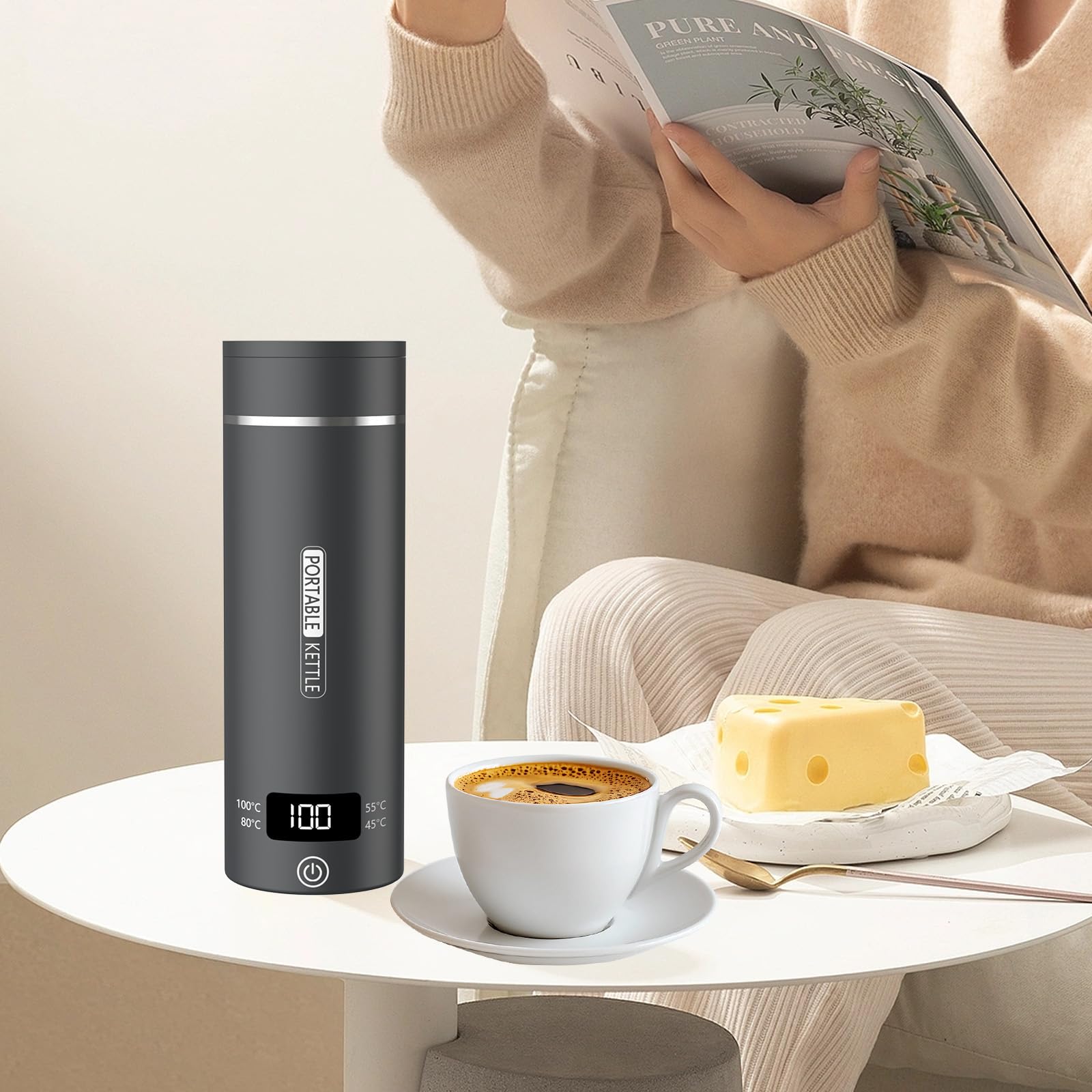 Elektrischer Reisewasserkocher Klein 500ML, Kleiner Wasserkocher Reise Schnelles Kochwasser Mini -Wasserkocher tragbar 316 Edelstahl, automatisches Schließen, For Tee, Kaffee, Babymilch (Dunkelgrau)