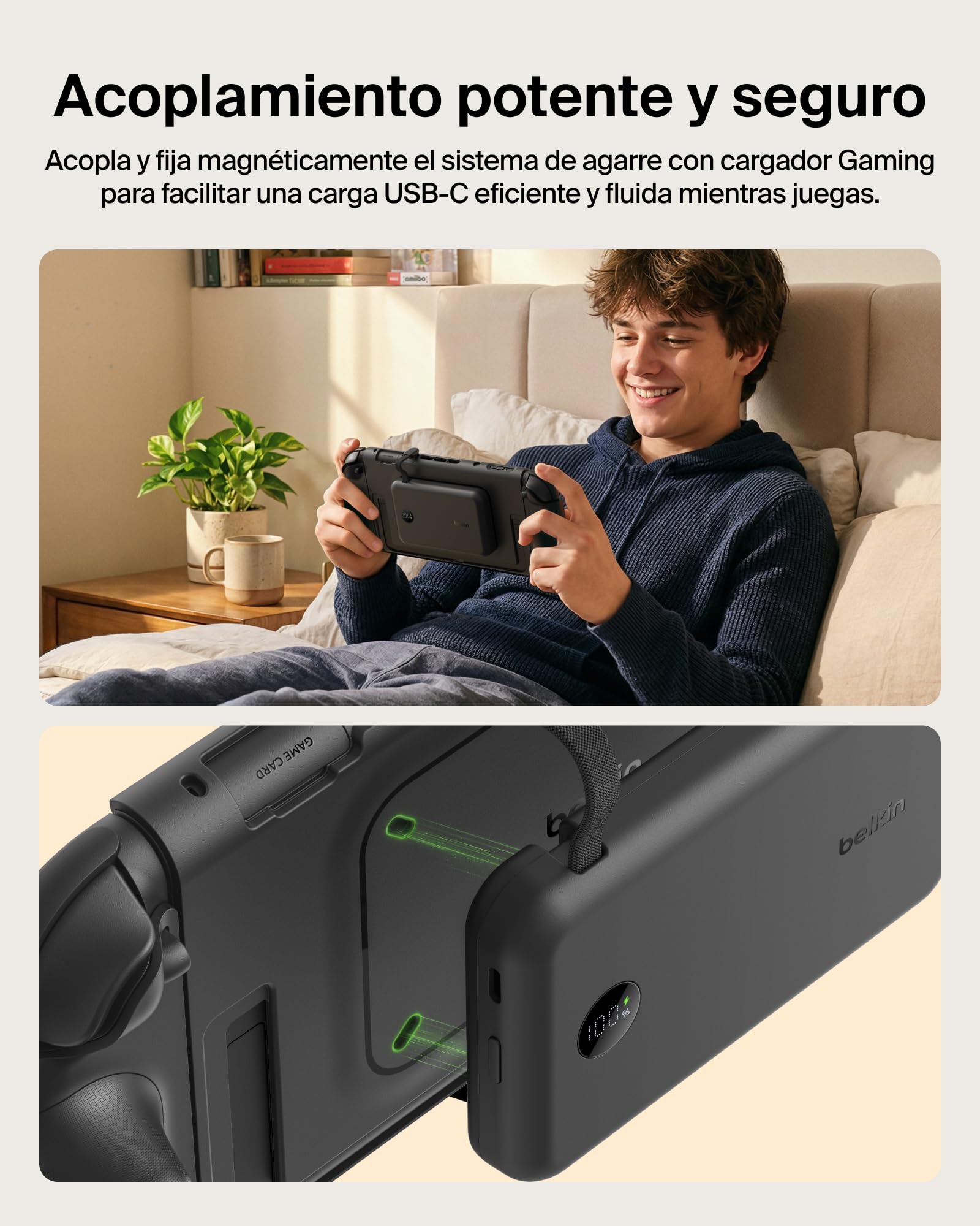 Belkin Gaming Agarres con Batería Externa 10000mAh Nintendo Switch 2 -Negro | Power Bank Magnético Extraíble 10000 mAh, 30W, Compatible con el Soporte, Empuñaduras Ergonómicas Antideslizantes y Pantalla
