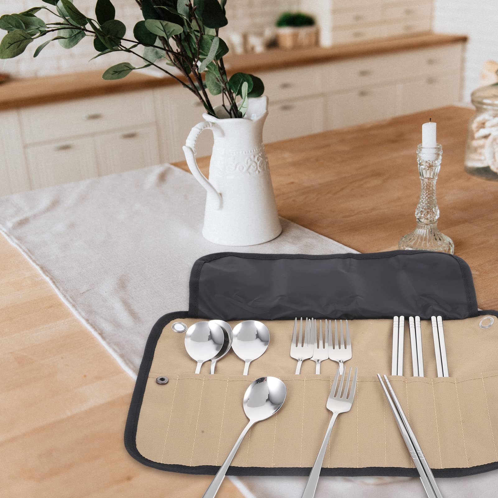 HANABASS Set Posate da Campeggio Portabile Cucchiaio, Forchetta, Cucchiaino e Contenitore, Realizzato in Acciaio Inossidabile e Nailon, per Escursioni e Picnic