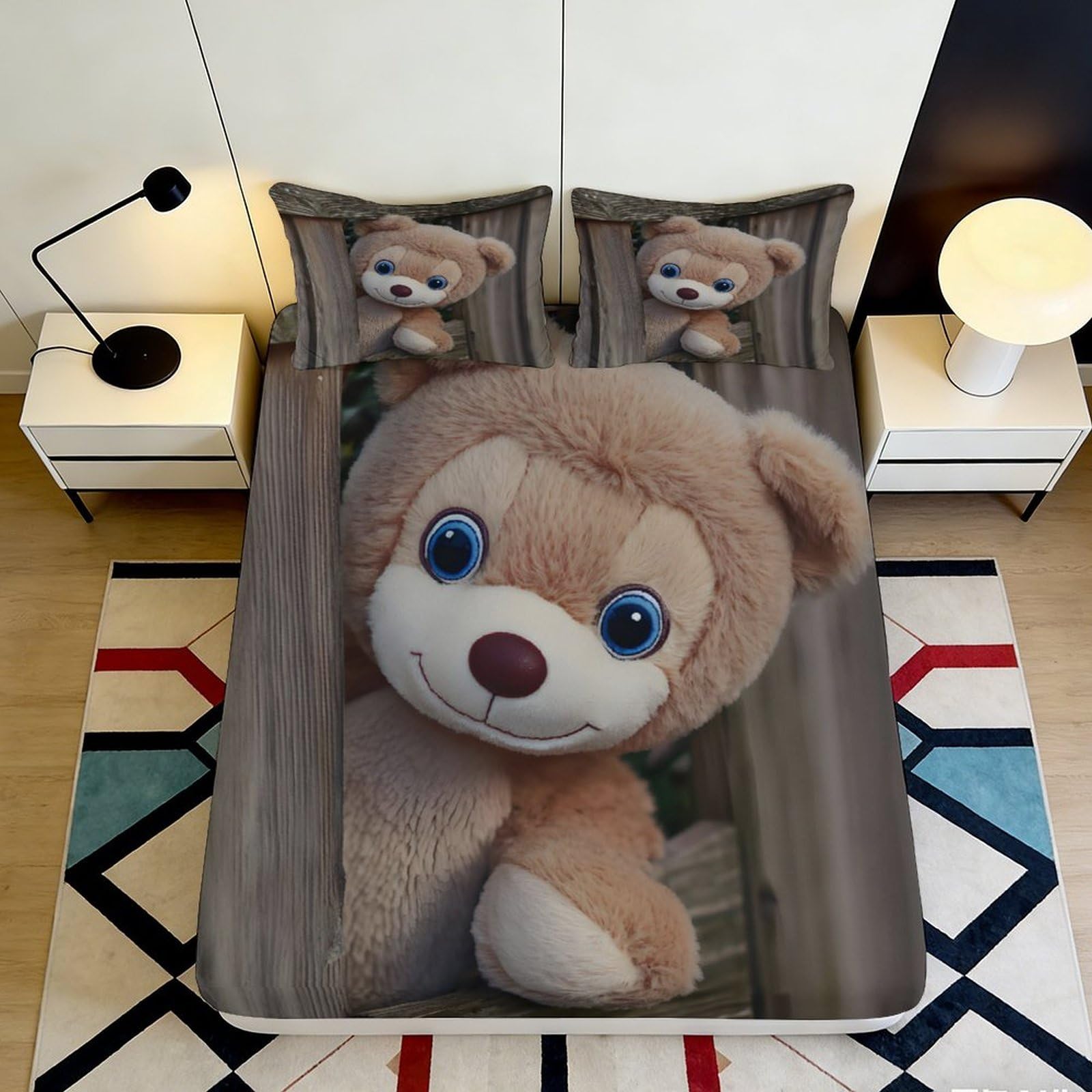 3D Printed Cute Teddy Bear Fitted Sheet Microfiber Soft Breathable Plush Animal Bed Cover for Bedroom Dormitory Guest Room Mattress Protection 200x200x25cm