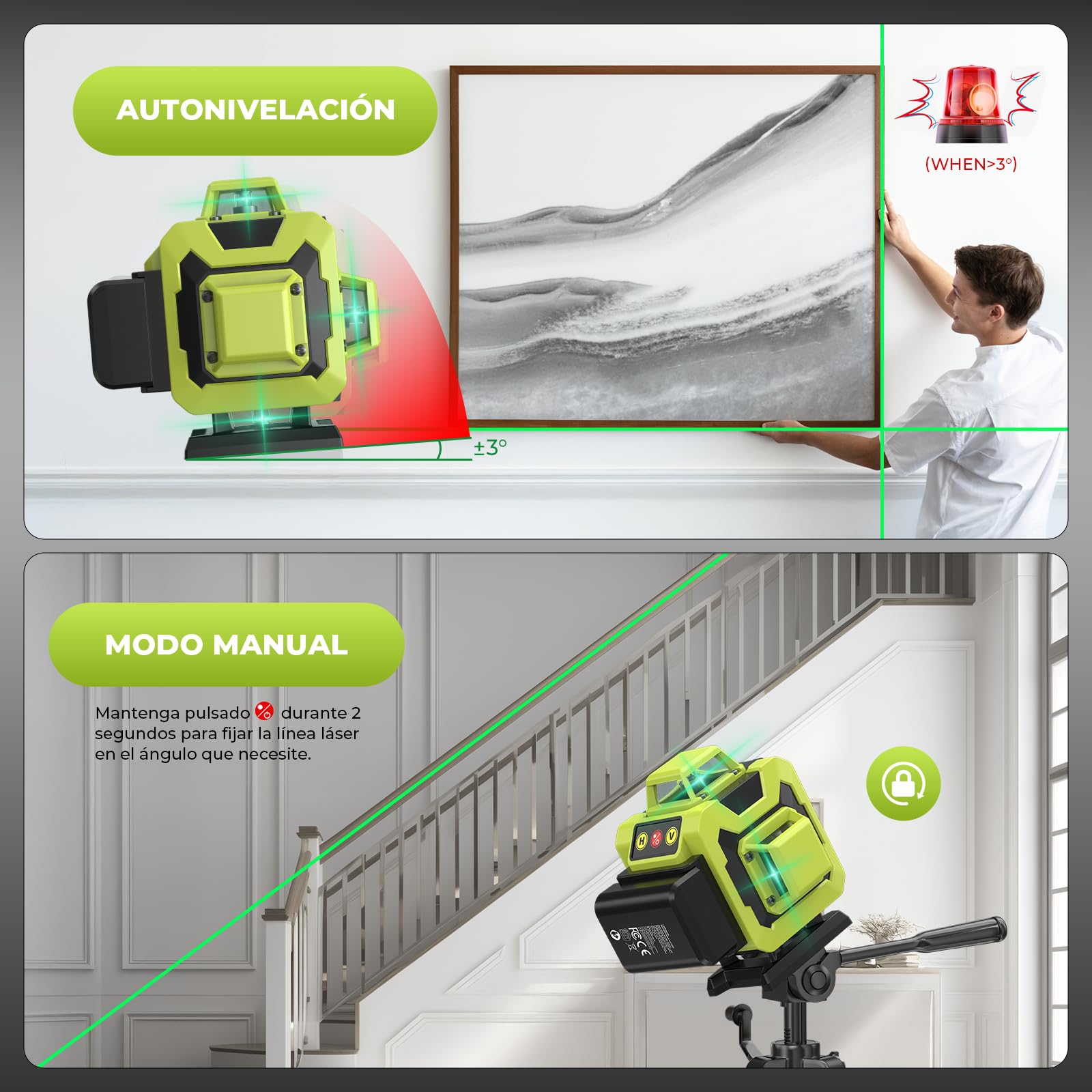 Nivel Láser Verde 360° – 16 Líneas, 4×360°, Autonivelante, Alta Visibilidad, 2 Baterías y Accesorios de Rotación, para Interiores y Exteriores