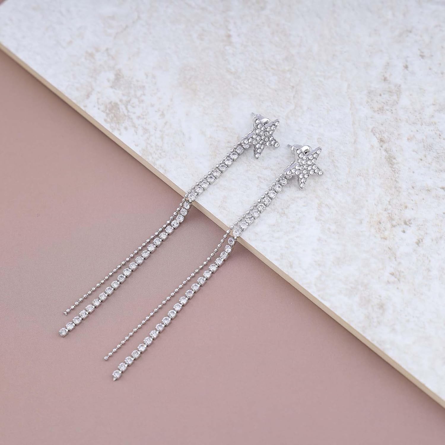 Boho Long Rhinestone Tassel Earrings Small Crystal Star Stud Earrings Cz Chandelier Drop Earrings Silver Tennis Chain Earrings Crystal Celestial Star Earrings Jewelry for Women - Image 6