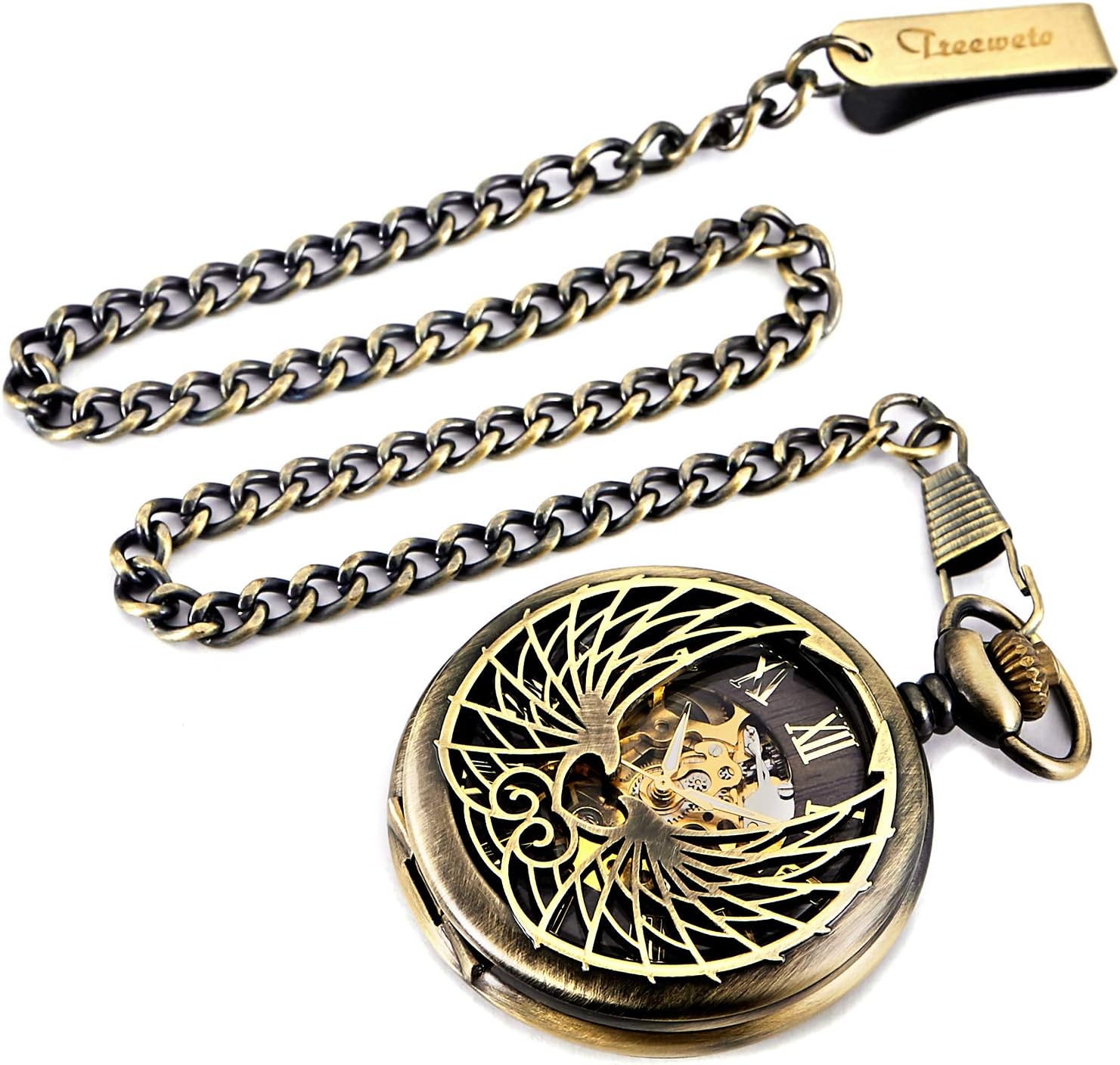 TREEWETO Skeleton Eagle Wings Design Case Roman Numeral Markers Mechanical Pocket Watch