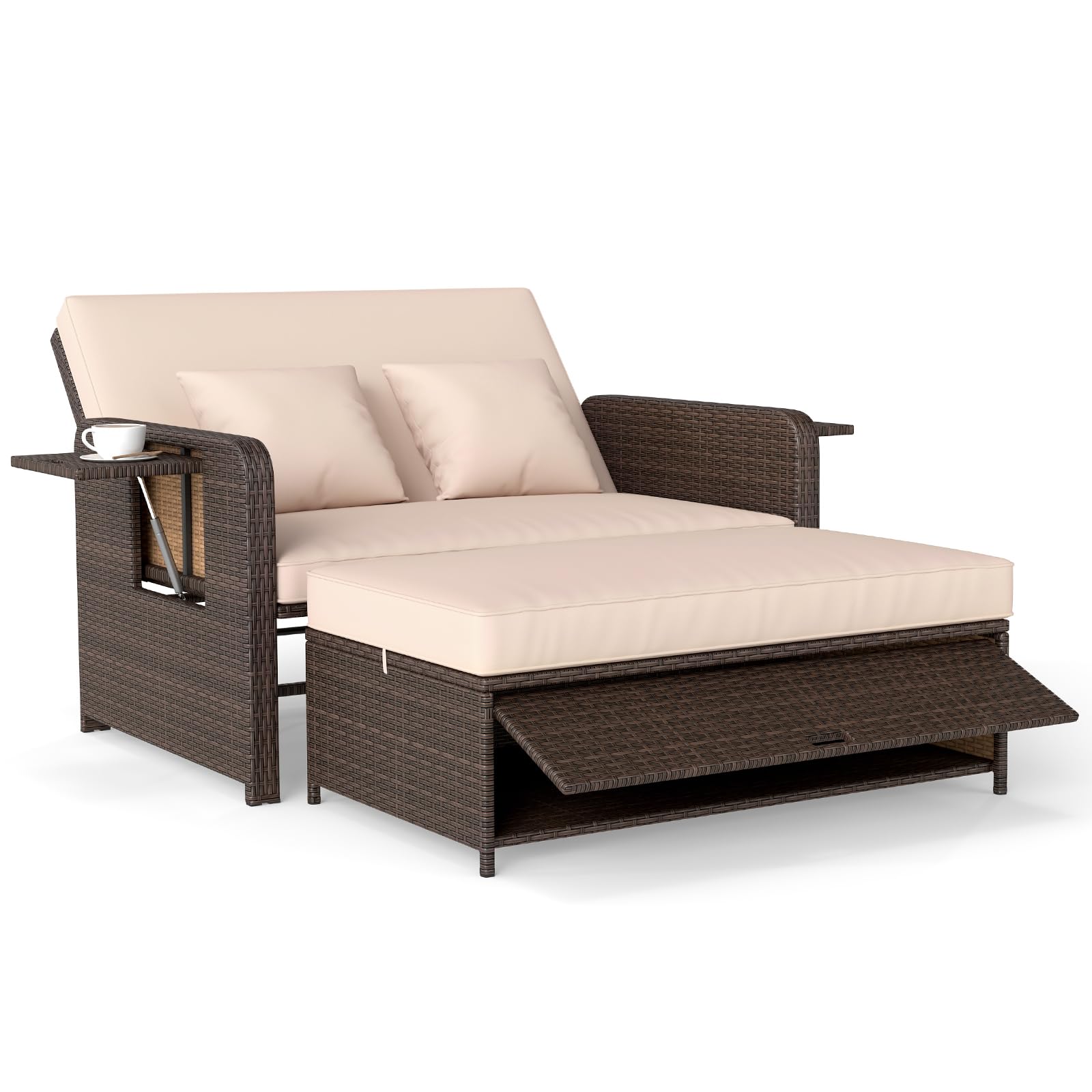 COSTWAY Polyrattan Sonnenliege, Gartenliege mit Verstellbarer Rückenlehne & ausklappbarem Seitenablage, Loungebett, Doppelliege mit Auflage, Gartensofa mit Hocker für Garten, Balkon