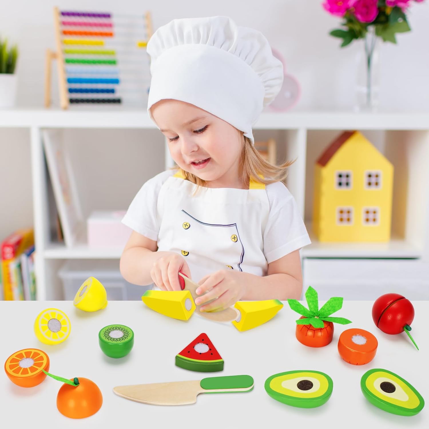 Wooden Play Food Toy Set for Kids Kitchen - 30 Pcs Montessori Cutting & Color Sorting Fake Fruit Accessories with 4 Boxes, Play Toys for Toddlers 3, Birthday Gifts for Boys Girls