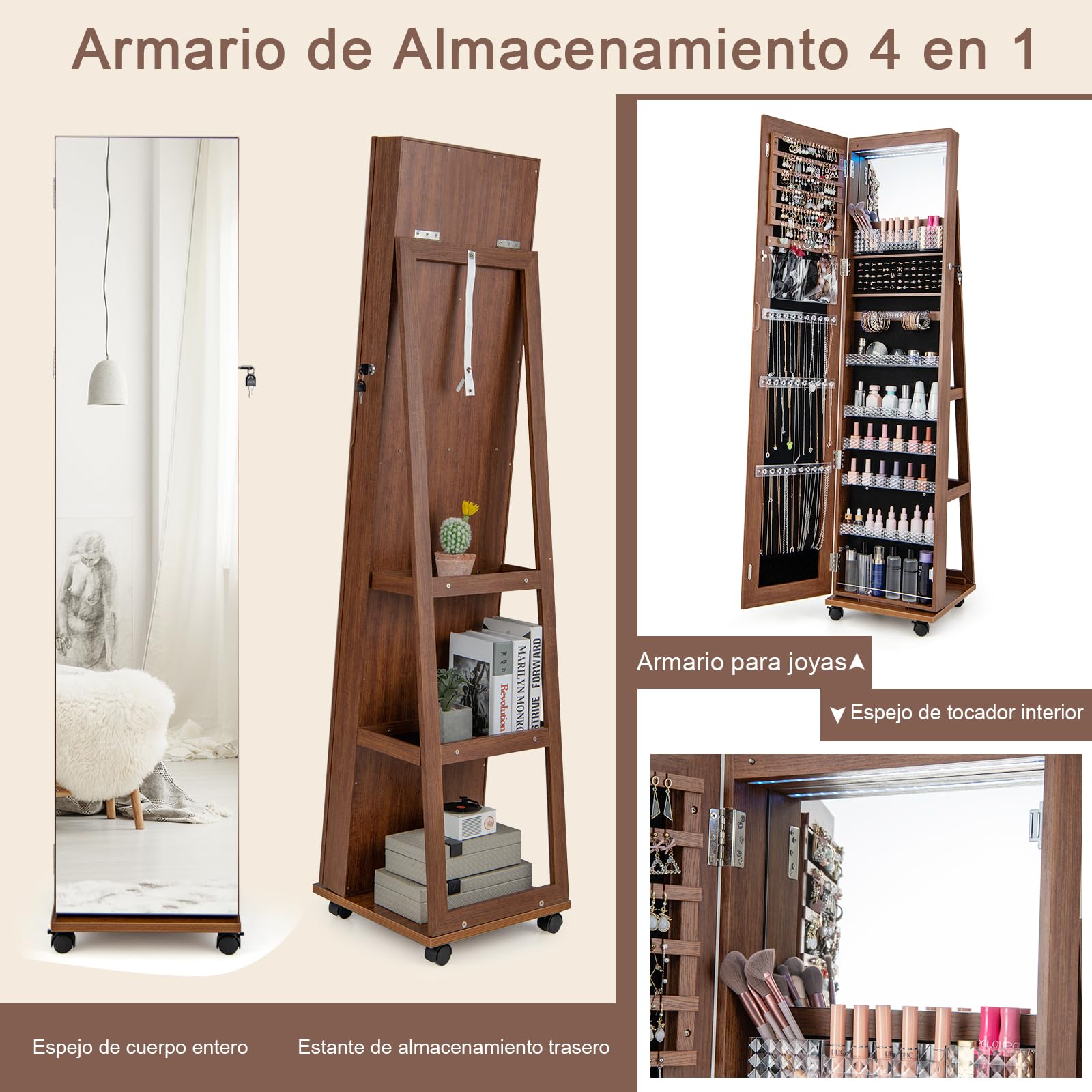 GOPLUS Armario para Joyas con Espejo de Cuerpo Entero, Espejo Joyero con Iluminación y Estante, Almacenamiento de Joyas con Ruedas, Organizador de Joyas con Cerradura para Dormitorio Vestidor