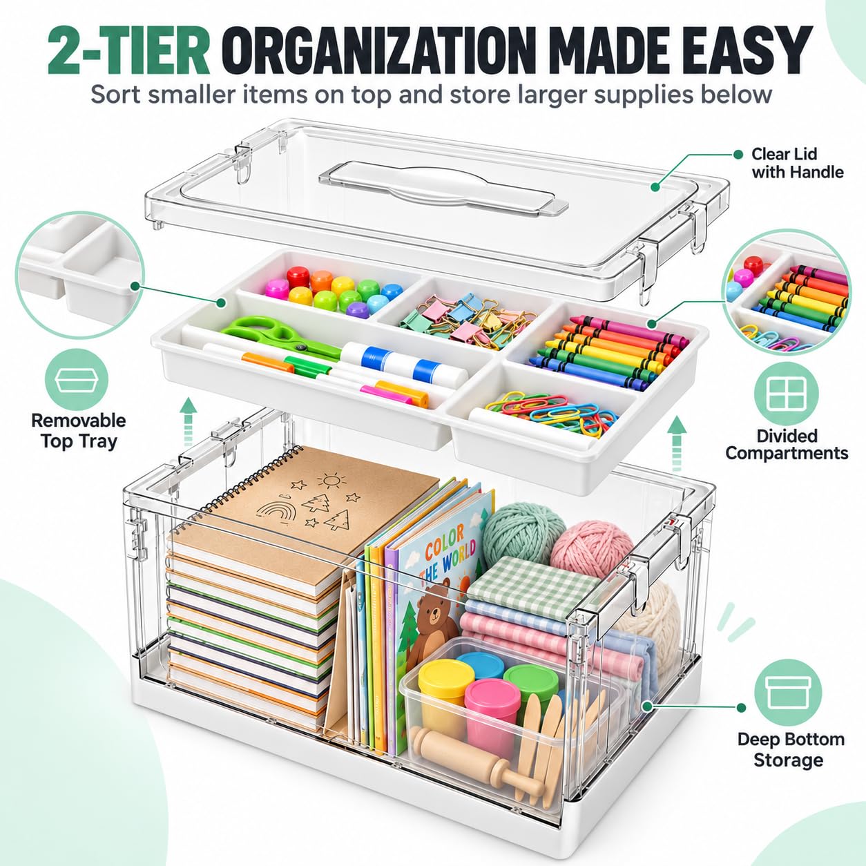 Organizador de suministros de arte, caja de almacenamiento transparente de