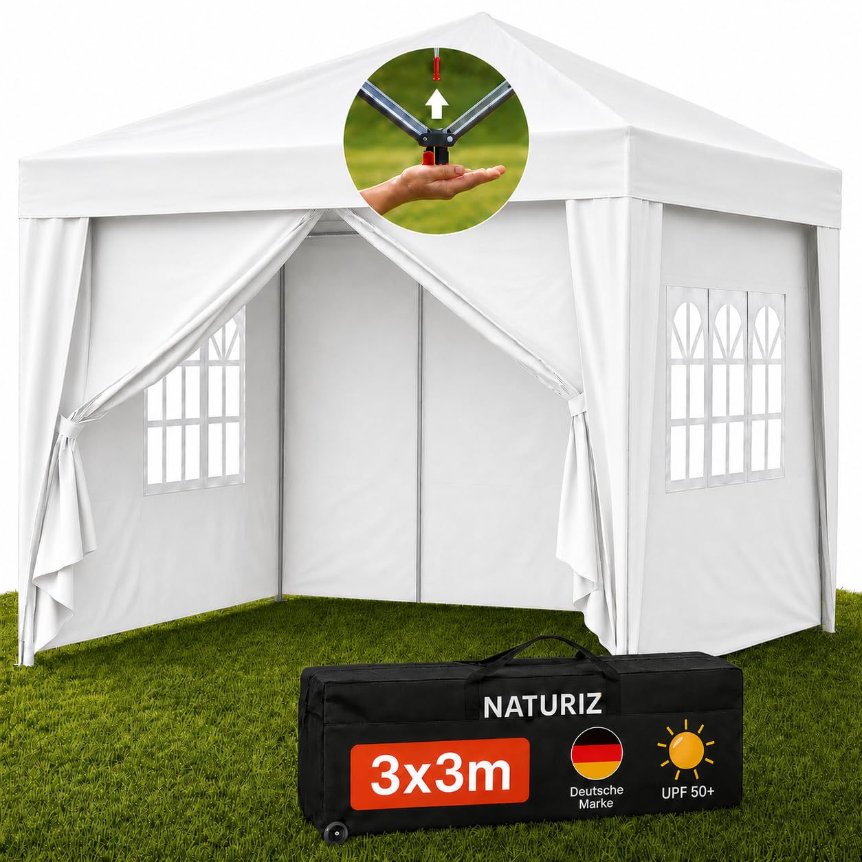 NATURIZ® Pavillon 3x3 Wasserdicht Stabil und UV 50+ Schutz - Faltpavillon mit Seitenwänden - Pop Up Zelt für Garten, Camping, Marktstand & Partyzelt, Gartenpavillon, Gartenzelt, Festzelt (Beige)