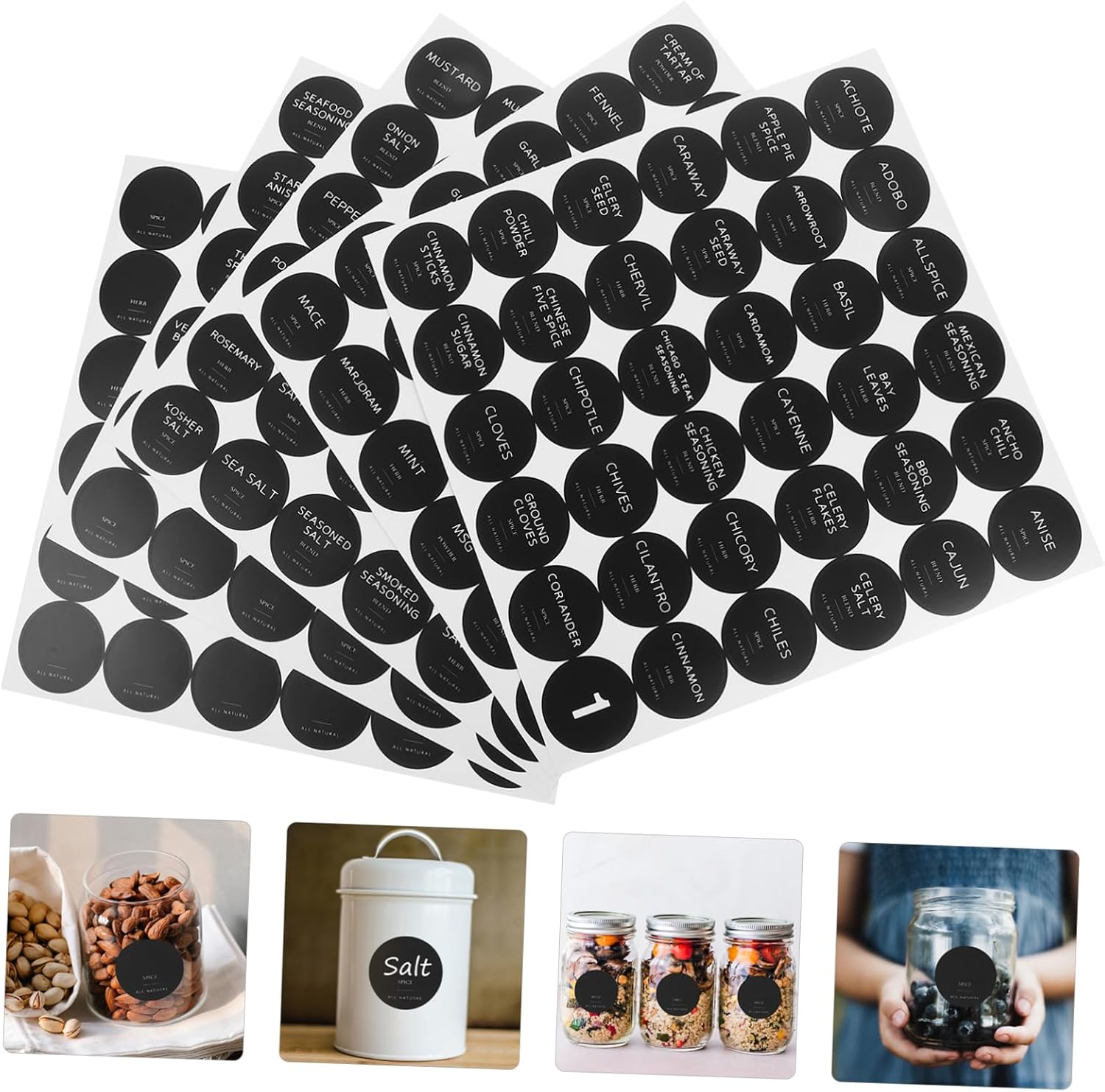 10sheets Self-Adhesive Spice Labels Stickers Round Printed Stickers for Easy Organization and Classification Kitchen Pantry and Home Storage