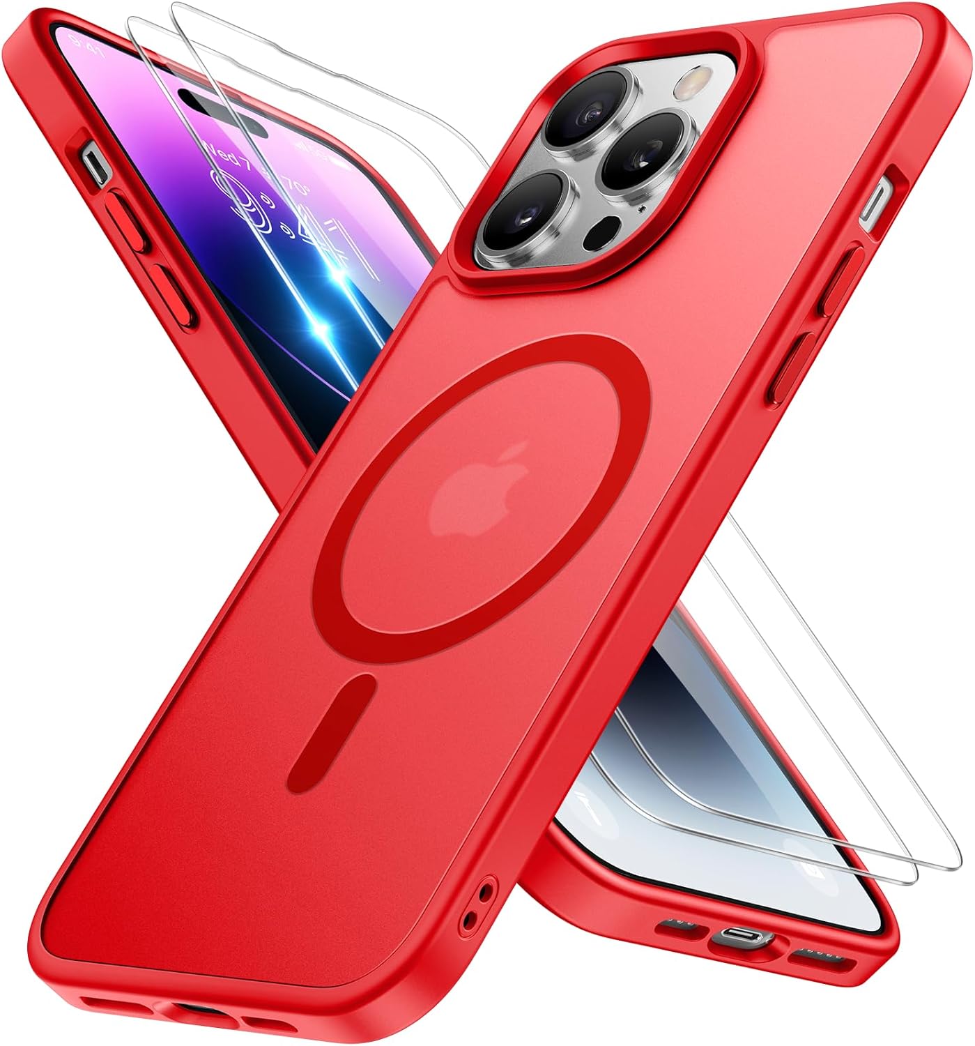 Miracase Magnetic Series for iPhone 14 Pro Max Case [Compatible with MagSafe] [with 2X Screen Protectors] Military-Grade Protection, Anti-Fingerprint, Phone Case for iPhone 14 Pro Max, Red iPhone 14 Pro Max Red