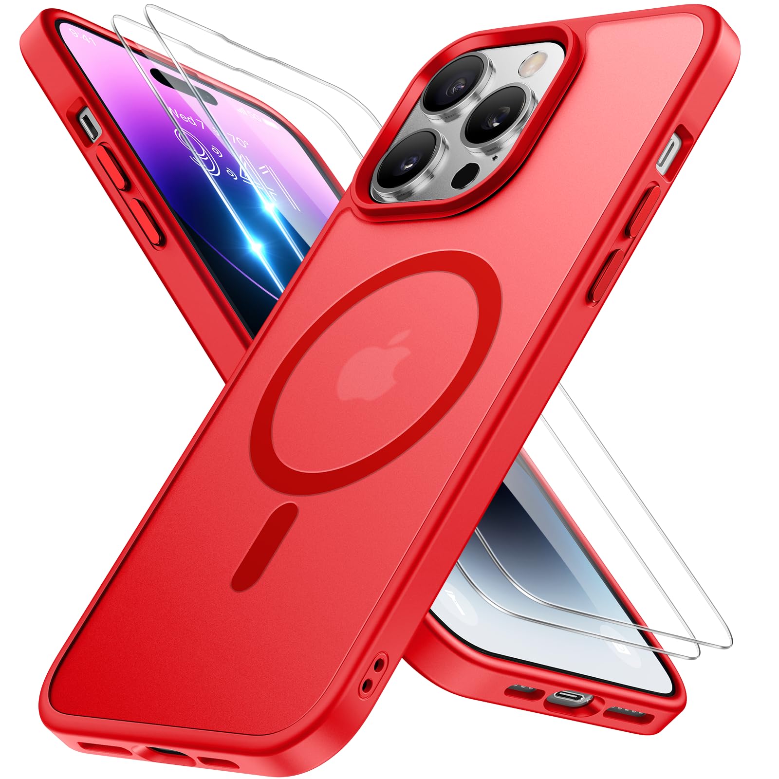 miracase Magnetic Series for iPhone 14 Pro Max Case [Compatible with MagSafe] [with 2X Screen Protectors] Military-Grade Protection, Anti-Fingerprint, Phone Case for iPhone 14 Pro Max, Red