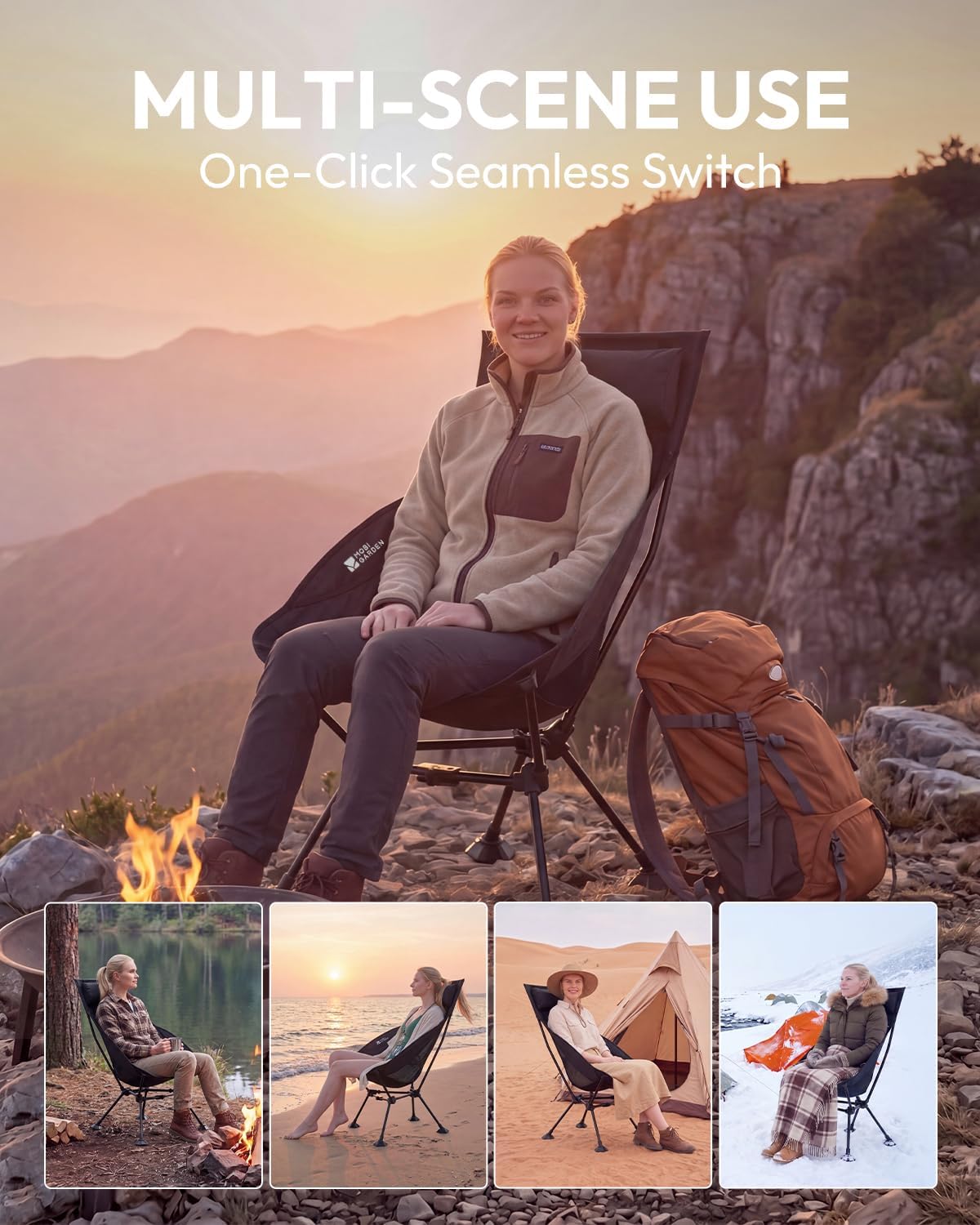 MOBI GARDEN High Back Camping Chair, 400lb Heavy Duty Portable Folding Chair with Adjustable Headrest, Ultralight Moon Chair with Universal Anti-Sinking Feet and Side Pocket for Beach, Hiking, Picnic