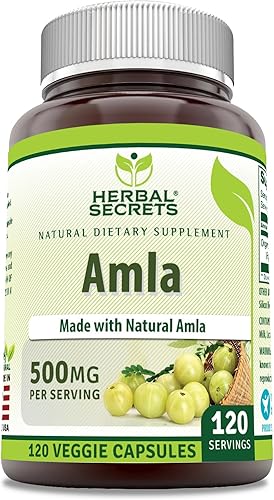 Herbal Secrets Suplemento Amla  500 mg por porción  120 cápsulas vegetales  Hecho con amla natural  Suplemento  Sin OMG  Sin gluten  Fabricado en