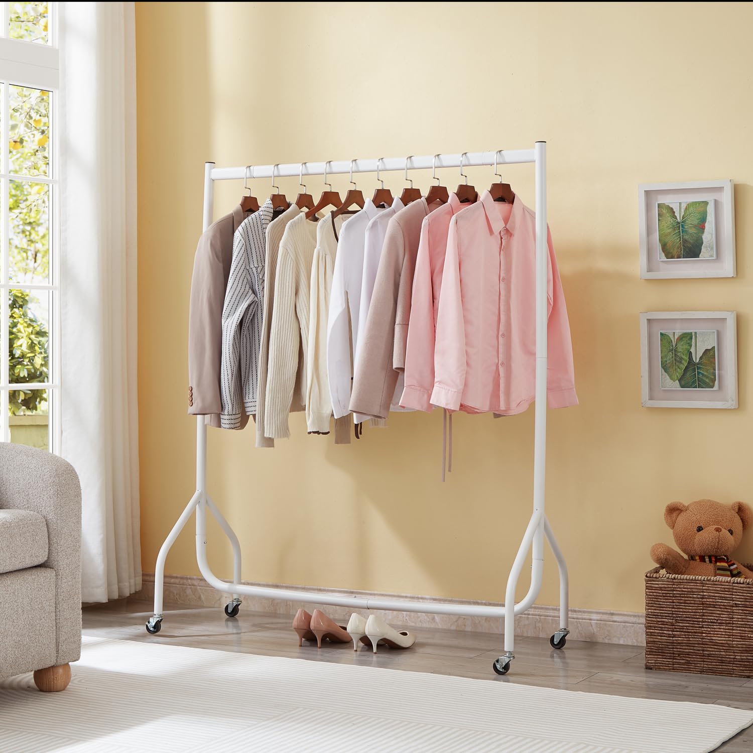 Extra Heavy Duty Clothes Rail 150kg Capacity 4ft L x 5ft H Metal Garment Rack, Lockable Wheels Portable, No Tool Assembly, Powder Coated Black, Strong & Durable for Home or Shop (White) โ image 1