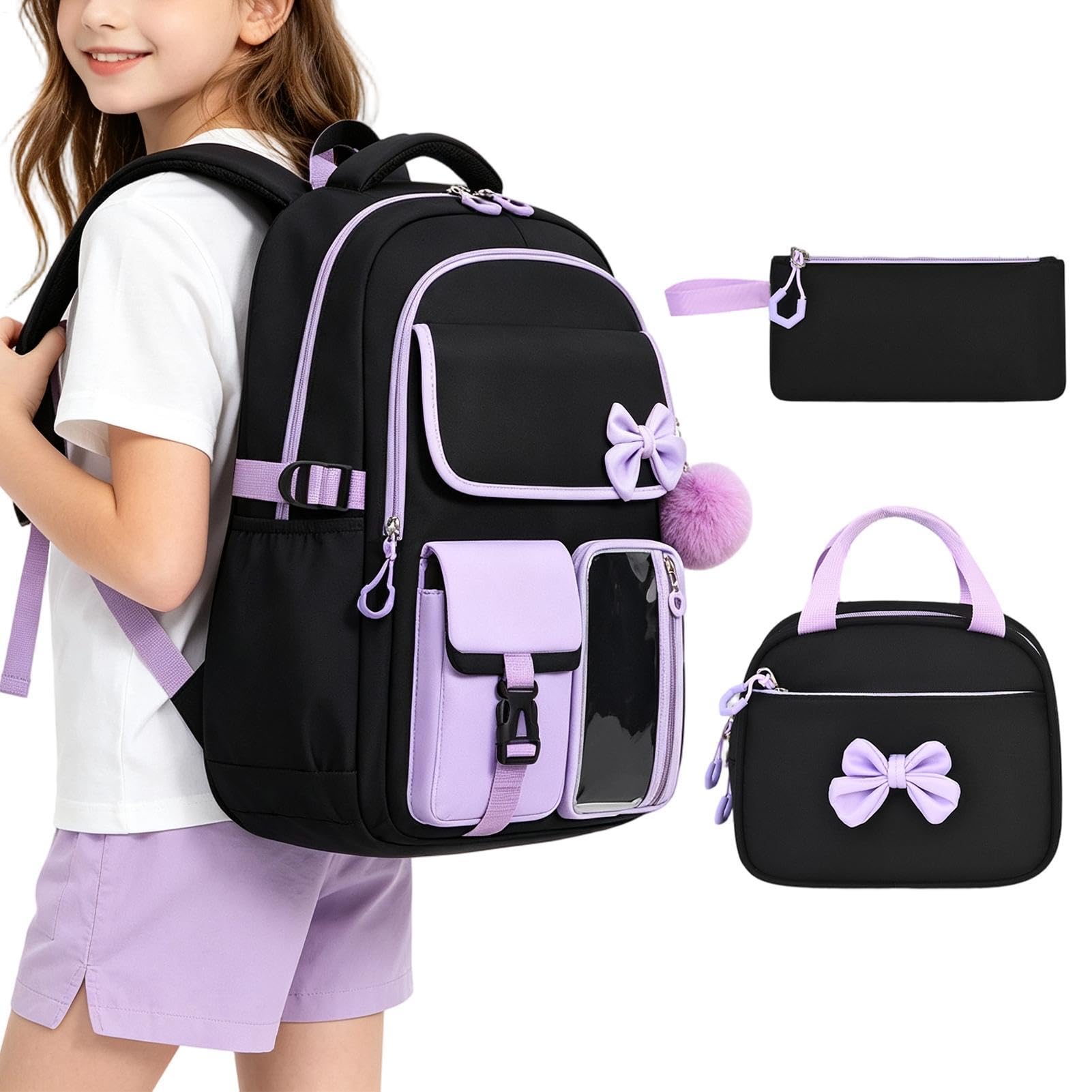 Mädchen Schulrucksack Mit Brotdose 3-teilig Verstellbar Niedliche Schleife | Studenten Notebook Lässig Für Schüler Schulbücher Schreibwaren Lunch Geldbörse Kleidung