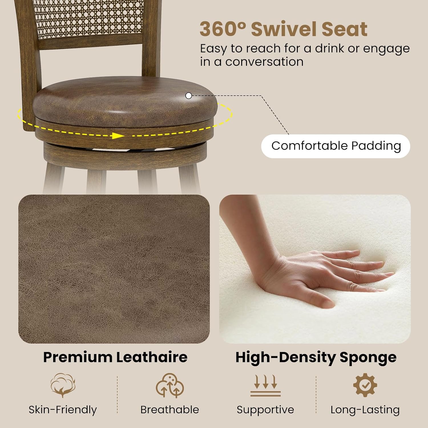 Giantex 25" Swivel Bar Stools Set of 2, Counter Height Bar Chairs with PE Rattan Backrest, Footrest & Rubber Wood Frame, Upholstered Leathaire Barstools for Kitchen Island Dining Room Pub, Brown