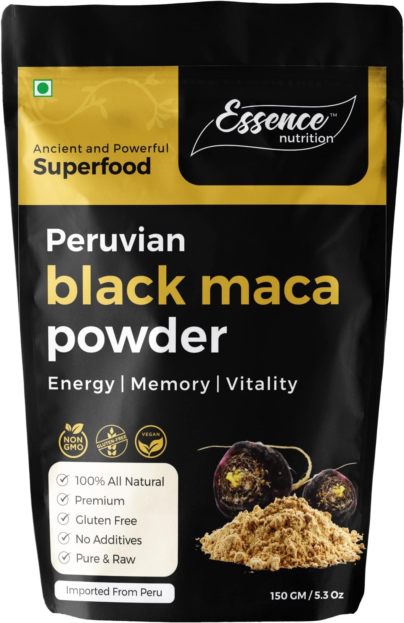 Essence Nutrition Original Black Maca Root Powder (150gm) - Pure & Effective Maca for Workout, Stamina & Strength | Imported from Peru - Use as a Maca Coffee For Men