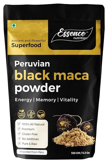 Essence Nutrition Black Maca Root Powder (150gm) - 100% Pure & Effective for Male Stamina & Strength | Imported from Peru