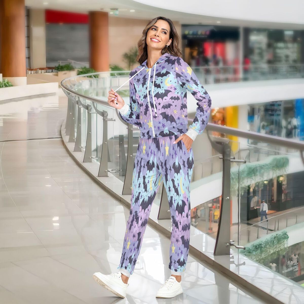Conjunto deportivo de 2 piezas para mujer, diseño de murciélagos y estrellas, conjunto deportivo de manga larga para Halloween