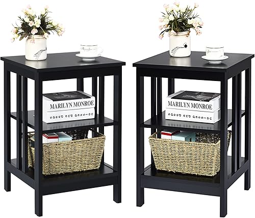 KOTEK Juego de 2 mesitas de noche de 3 niveles, mesa auxiliar de sofá de madera con estantes de almacenamiento, estructura estable, mesa auxiliar