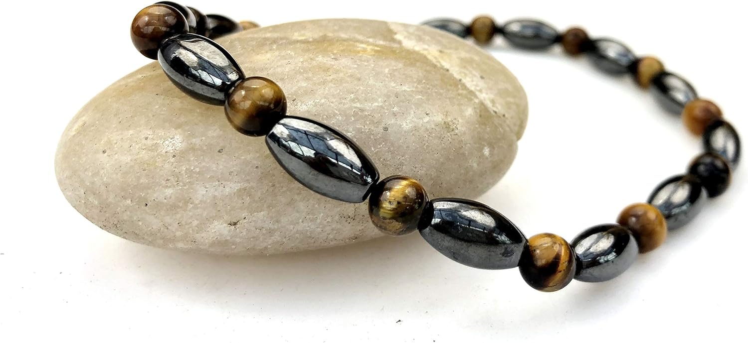 Purple Whale 2 pc Magnetic Therapy Hematite Tiger Eye Gemstone Stretch Anklet Bracelet - hb017-9.5-Set : Health & Household