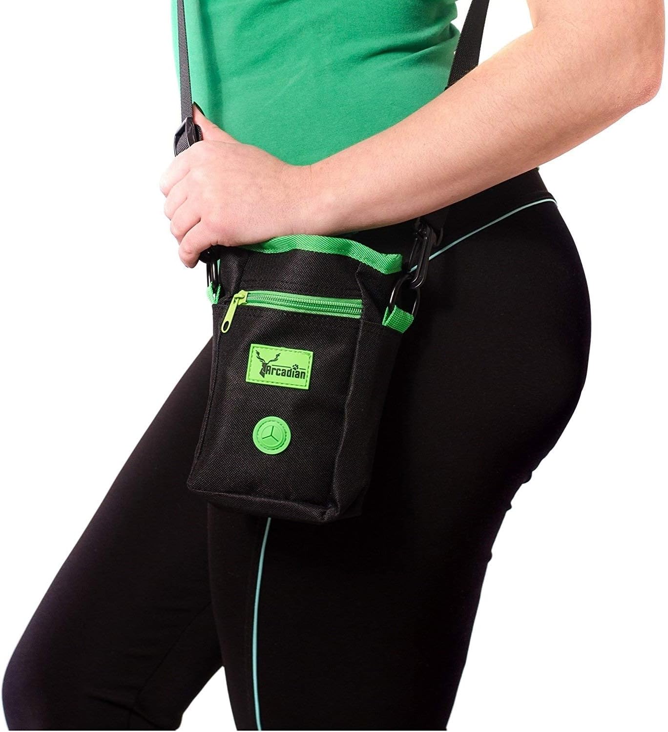 Arcadian Dog Treat Pouch, Dog Walking Bag with Adjustable Shoulder Strap and Belt. Strong, Durable, Premium Quality. Ideal Dog Accessories Bag with Storage for Puppy Training Treats, Clickers. Green.