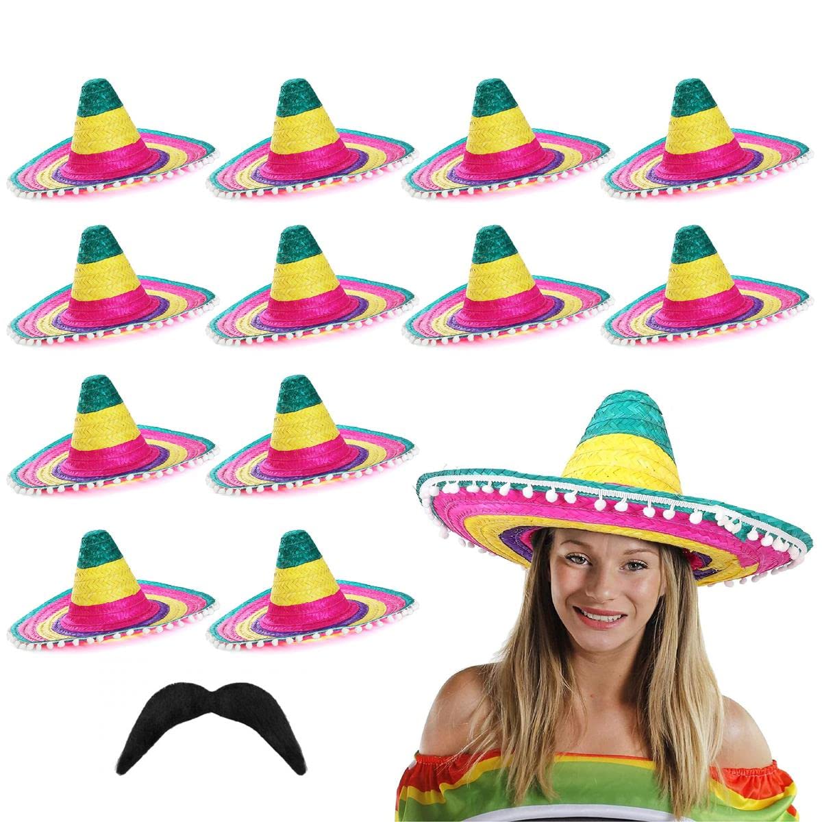 Mexican Sombero with Pom Pom Edges Fancy Dress Accessory With Moustache - Mexican Hat Straw Holiday Stag Night Clubbing Bandito - Multicoloured - Pack of 12
