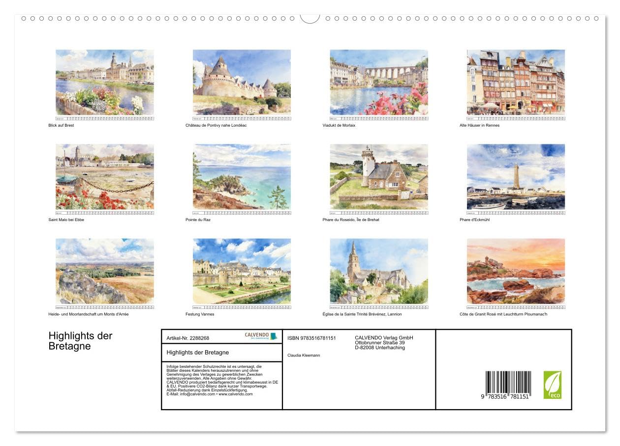 Highlights der Bretagne (hochwertiger Premium Wandkalender 2027 DIN A2 quer), Kunstdruck in Hochglanz: Schönheit der Region im zarten Aquarell-Stil (CALVENDO Orte)