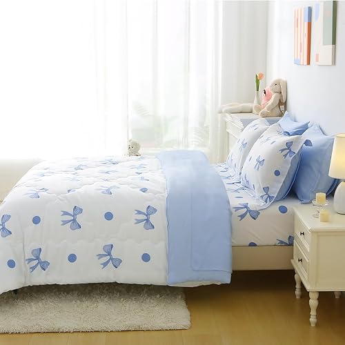 Miniatura 8 de Wajade Juego de ropa de cama de 7 piezas con lazo rosa para niñas y niños, juego de edredón tamaño individual con sábana y 2 fundas de almohada, 2