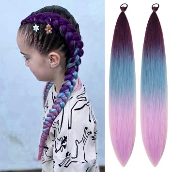 Blue Purple Ponytail Hair Extension Colored Braids Hair Extensions With Elastic Tie Girls Hair Accessories For Festival Holiday Daily Bubble Rave 28 inch 2 Packs