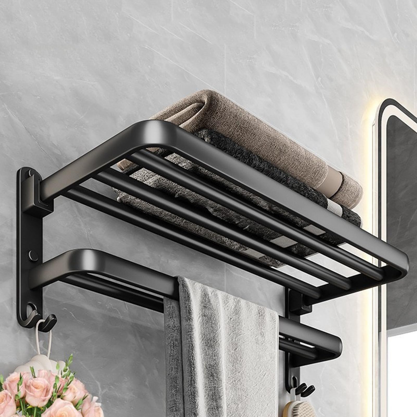 Toalleros de baño, Accesorios baño, Colgador Toalla de Pared Toallero con Ganchos, Barra Doble Estante de baño Toallero Doble Plegable de 90° per Bagno, Cucina, Hotel