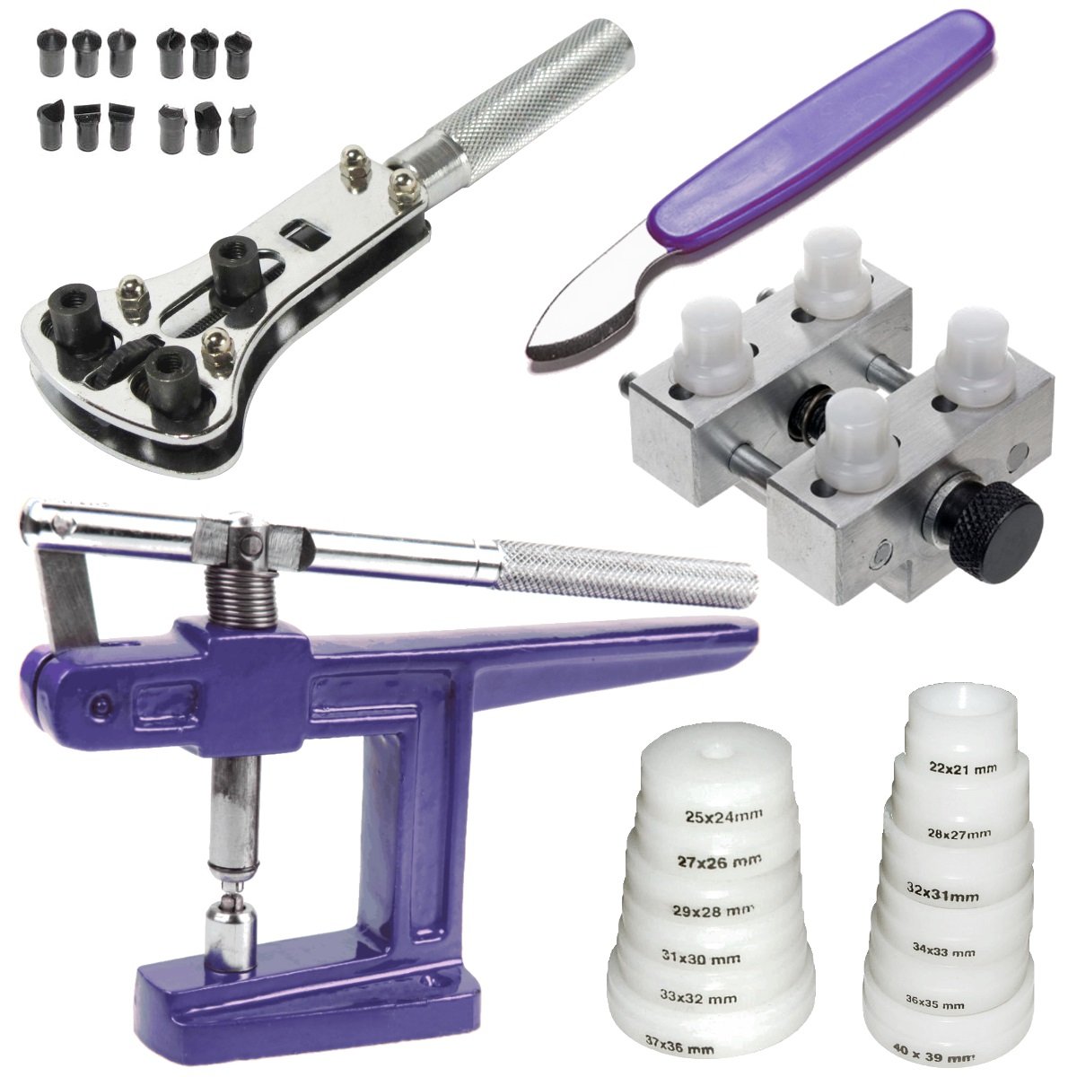 Einpresswerkzeug, Gehäuseöffner, Uhrenmesser, Gehäusehalter - Uhrenwerkzeug Starter-Set