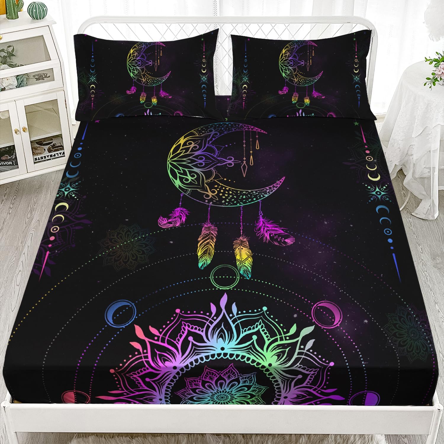 AILONEN Star Moon Fitted Sheet Set Twin Size, Black Galaxy, Celestial Bed Sheet Set,Bohemian Mandala Sheets Set,Neon Feather Starry Bedsheet Sets 3 Pieces, 1 Fitted Sheet and 2 Pillowcases