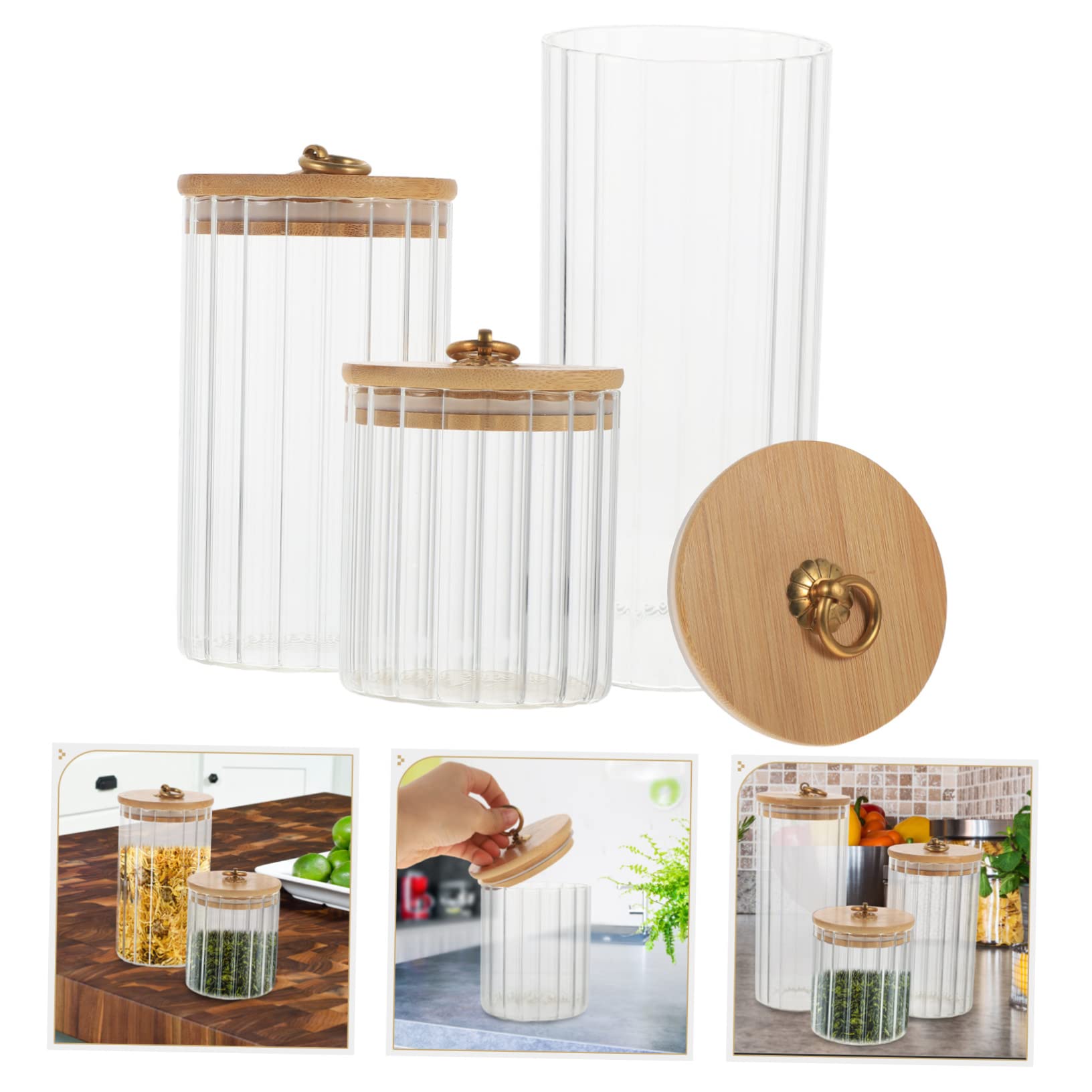 IMIKEYA Set 3 Pezzi Capacità 550ml 850ml 1150ml Barattoli da Cucina con Coperchio in Bambù Pratici e Sigillati Contenitori con Coperchio per Alimenti in Vetro Ermetici per Conservazione