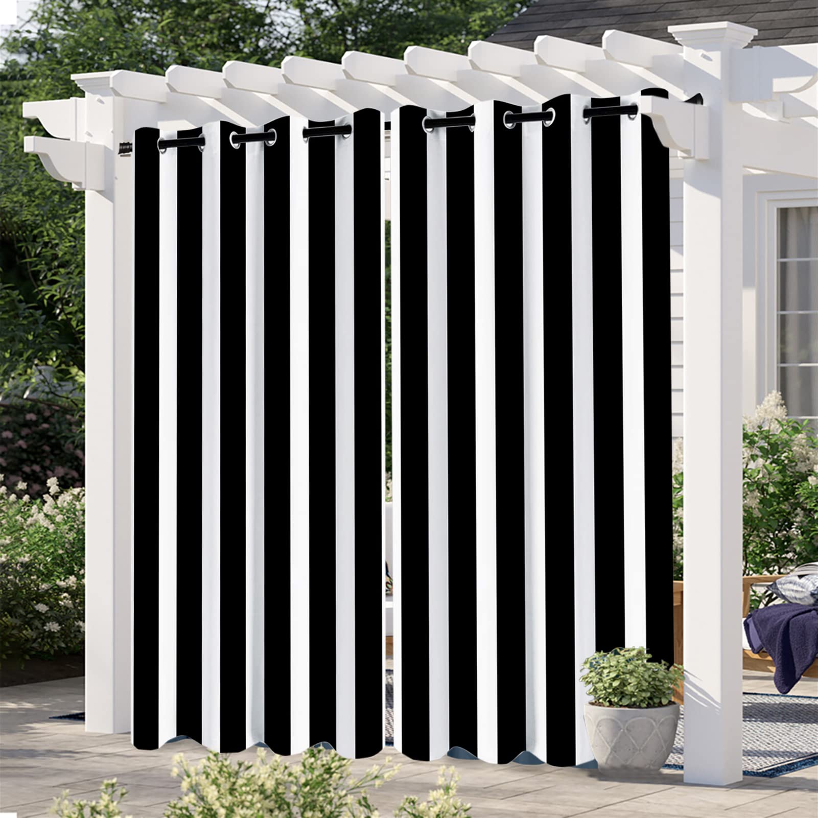 Cozomiz Set of 2 Panels Waterproof Outdoor Curtains Stripe Patio Shade Sun Blocking Grommet Curtains for Patio,Bedroom, Porch, Living Room, Pergola,Gazebo,Sliding Door 41 x 105 Inch Black