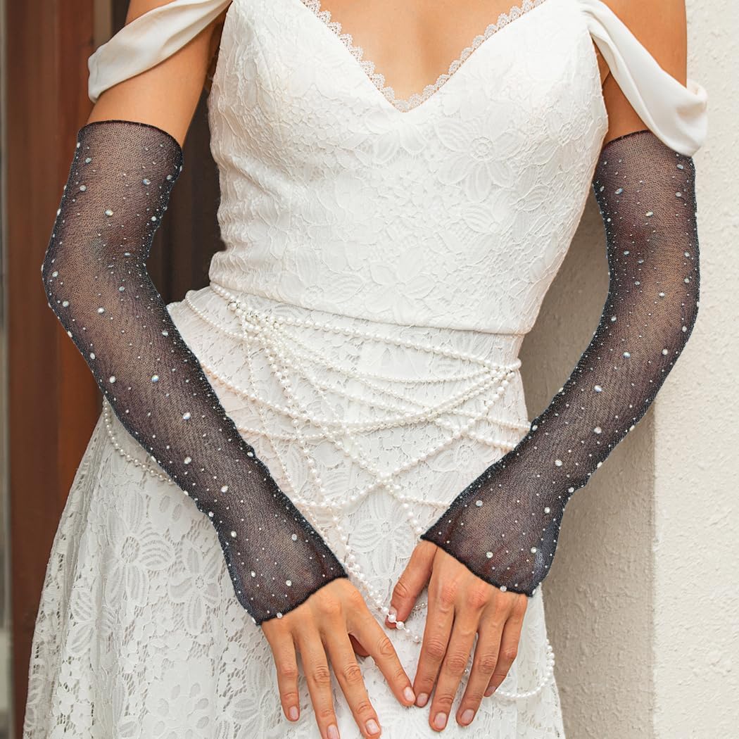 Fingerless Rhinestone Long Gloves Sheer Lace Sparkle Arm Sleeves for Women