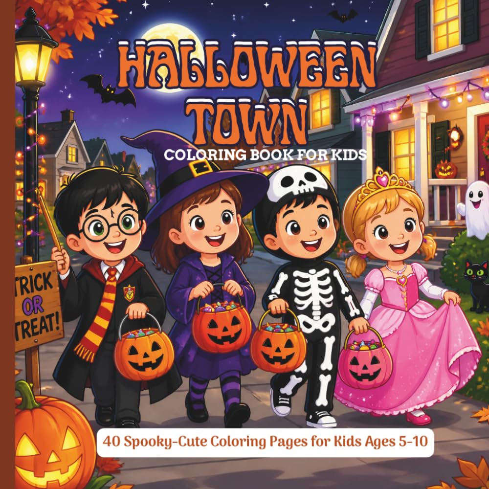 Halloween Town Coloring Book for kids: 40 Spooky-Cute Coloring Pages for Kids Ages 5-10