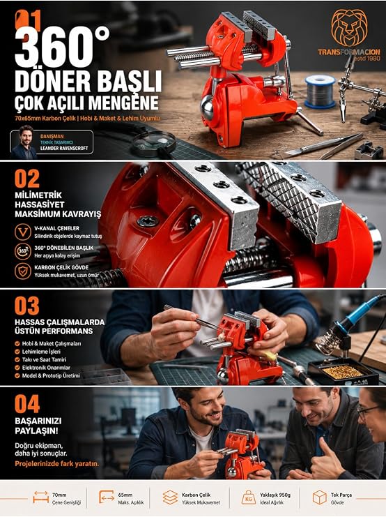 Transformacion 360 Derece Döner Başlı Masa Mengenesi, Turuncu, Karbon Çelik, 70x65mm, 950g