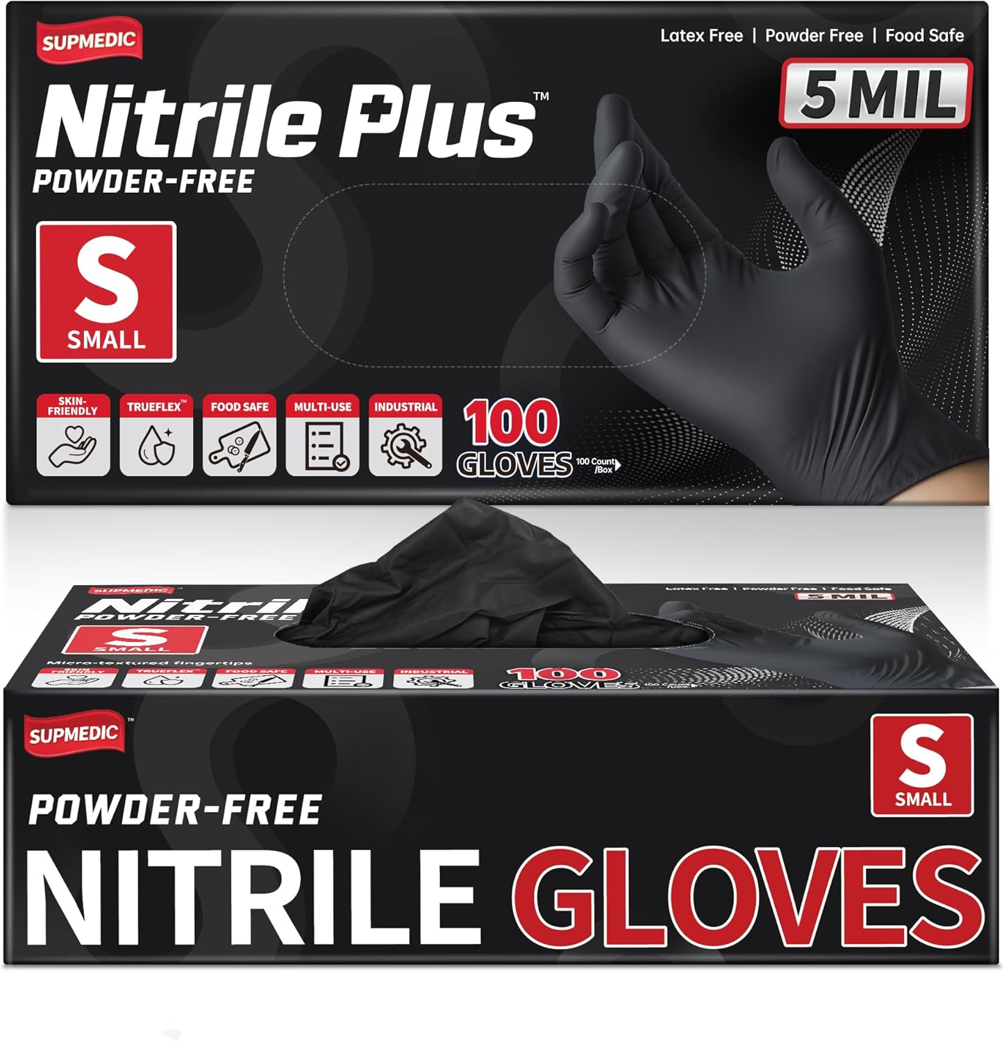 Supmedic Disposable Nitrile Gloves, 5Mil Chemical Resistant Powder-Free Latex-Free Glove Exam Cook Tattoo, Black Blue 100Pcs