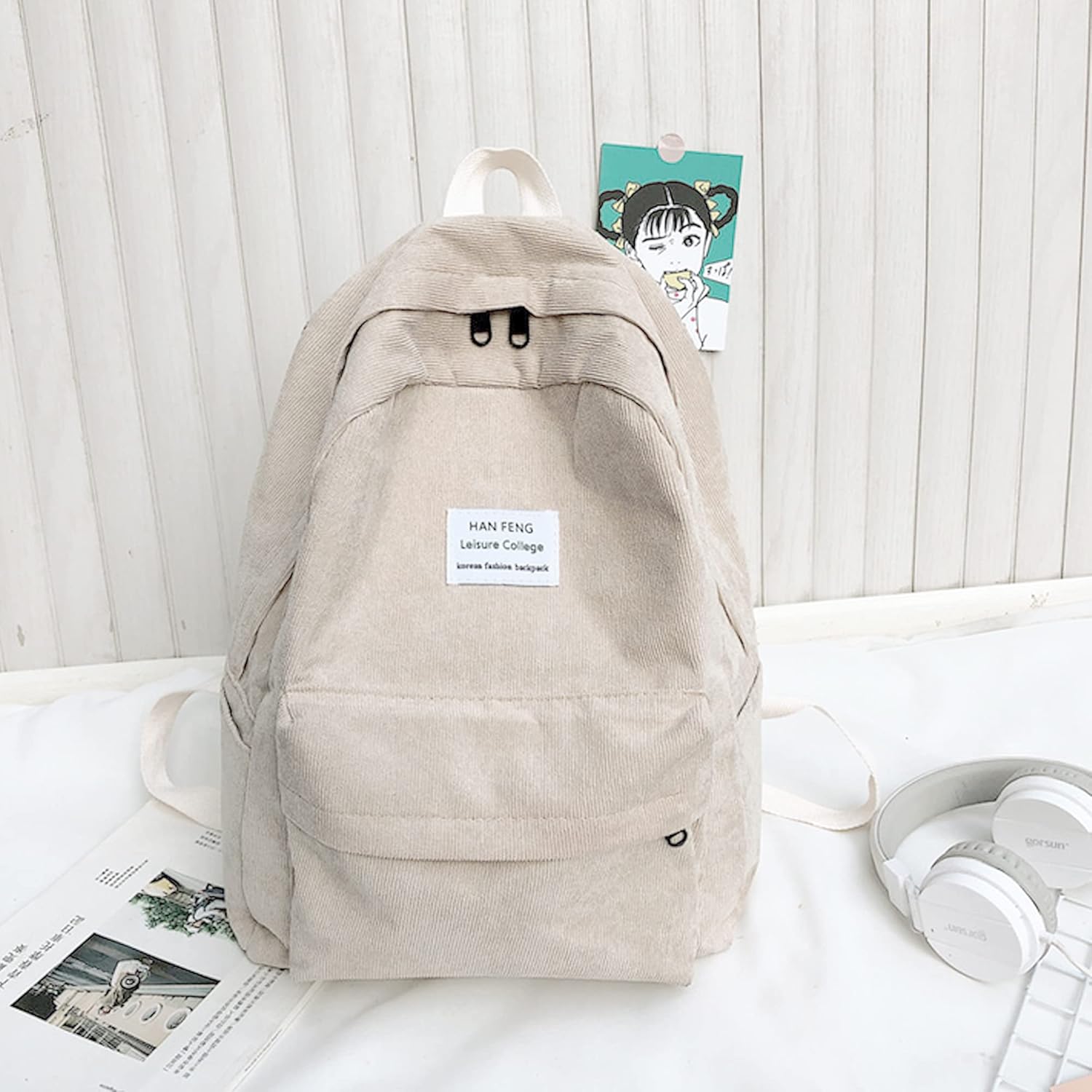 Casual Corduroy Backpack Travel Daypack Book Bag Laptop Bag for Women Men, Beige