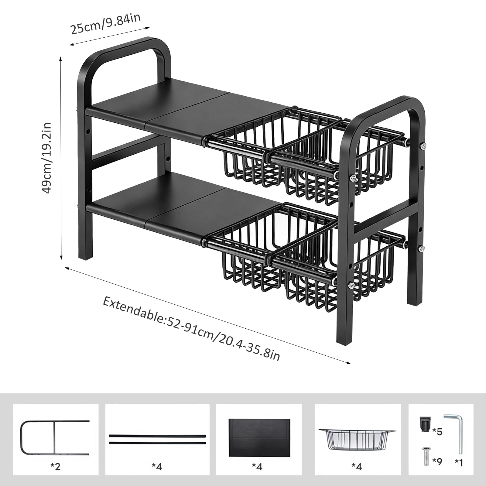 Organizer per armadio a 2 ripiani, regolabile in altezza, larghezza estensibile (68-91 cm), con 4 cesti rimovibili, pareti laterali rimovibili, organizer per armadio per cucina e bagno