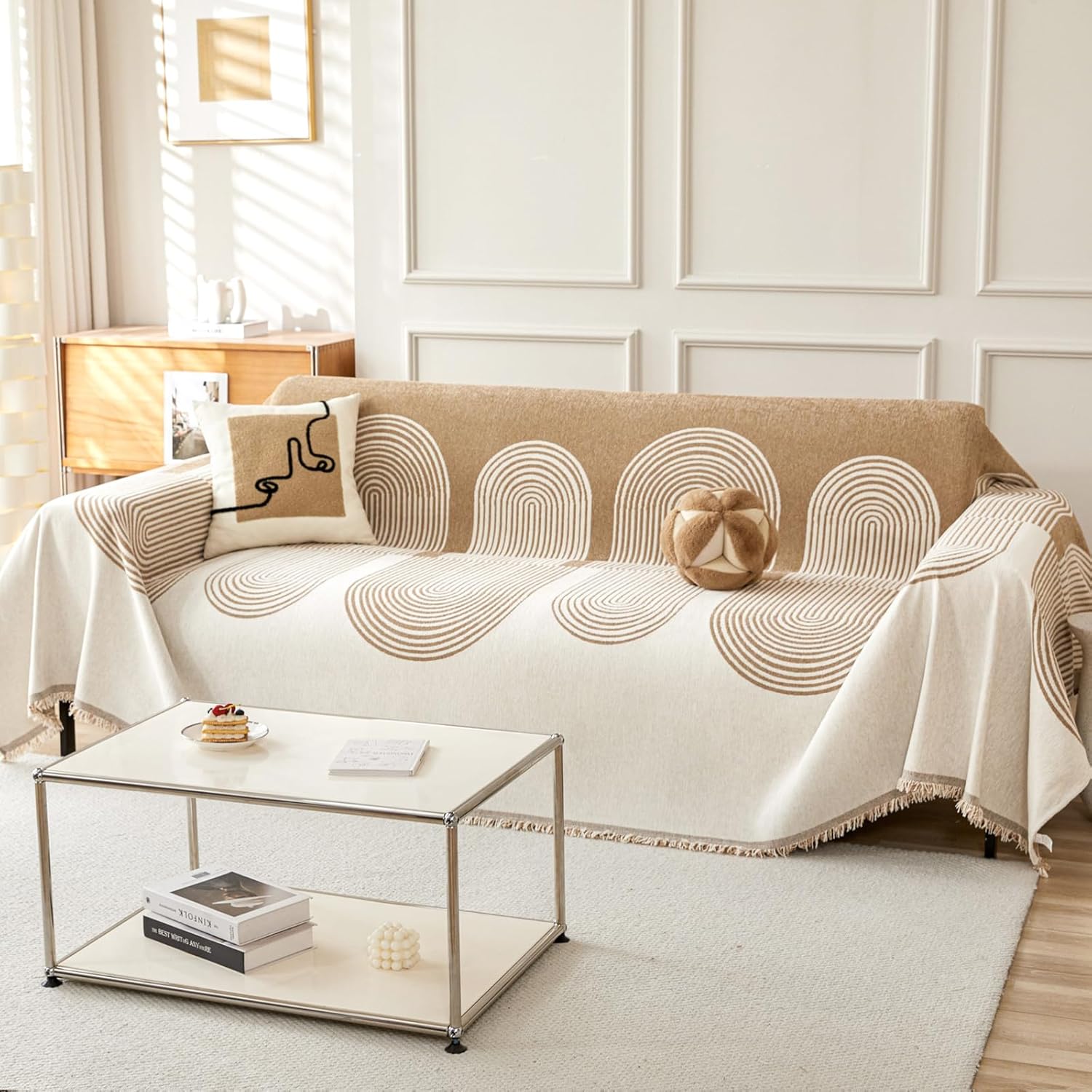 Sofa Covers for Sectional Sofa Set Geometry Couch Cover for Dogs Throw Couch Cover with Tassel Loveseat Covers Futon Cover L Shaped Cover Washable Couch Protector, 71" X134",Beige