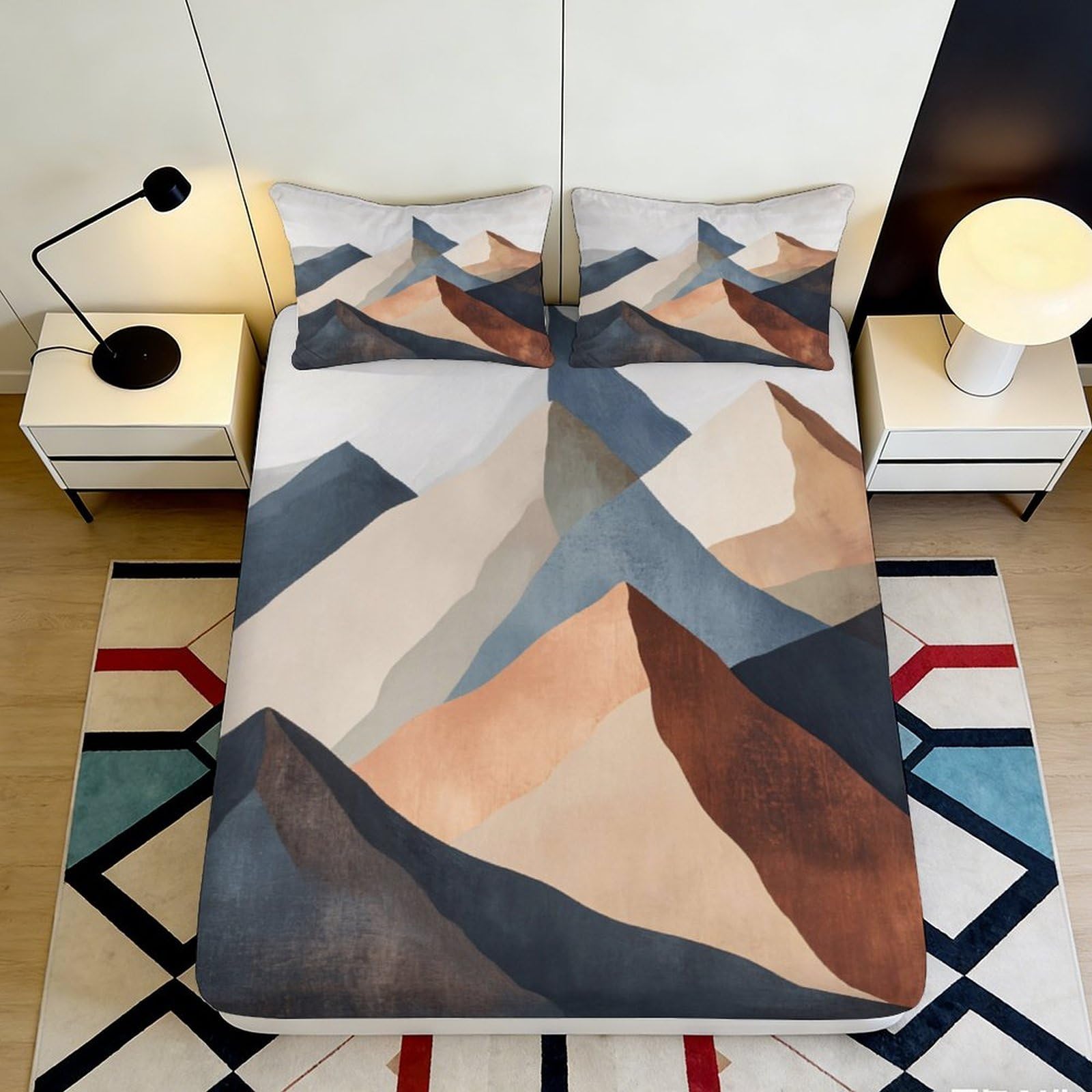 3D Printed Abstract Mountain Fitted Sheet Microfiber Soft Breathable Geometric Peak Bed Cover for Bedroom Guest Room 90x200x25cm