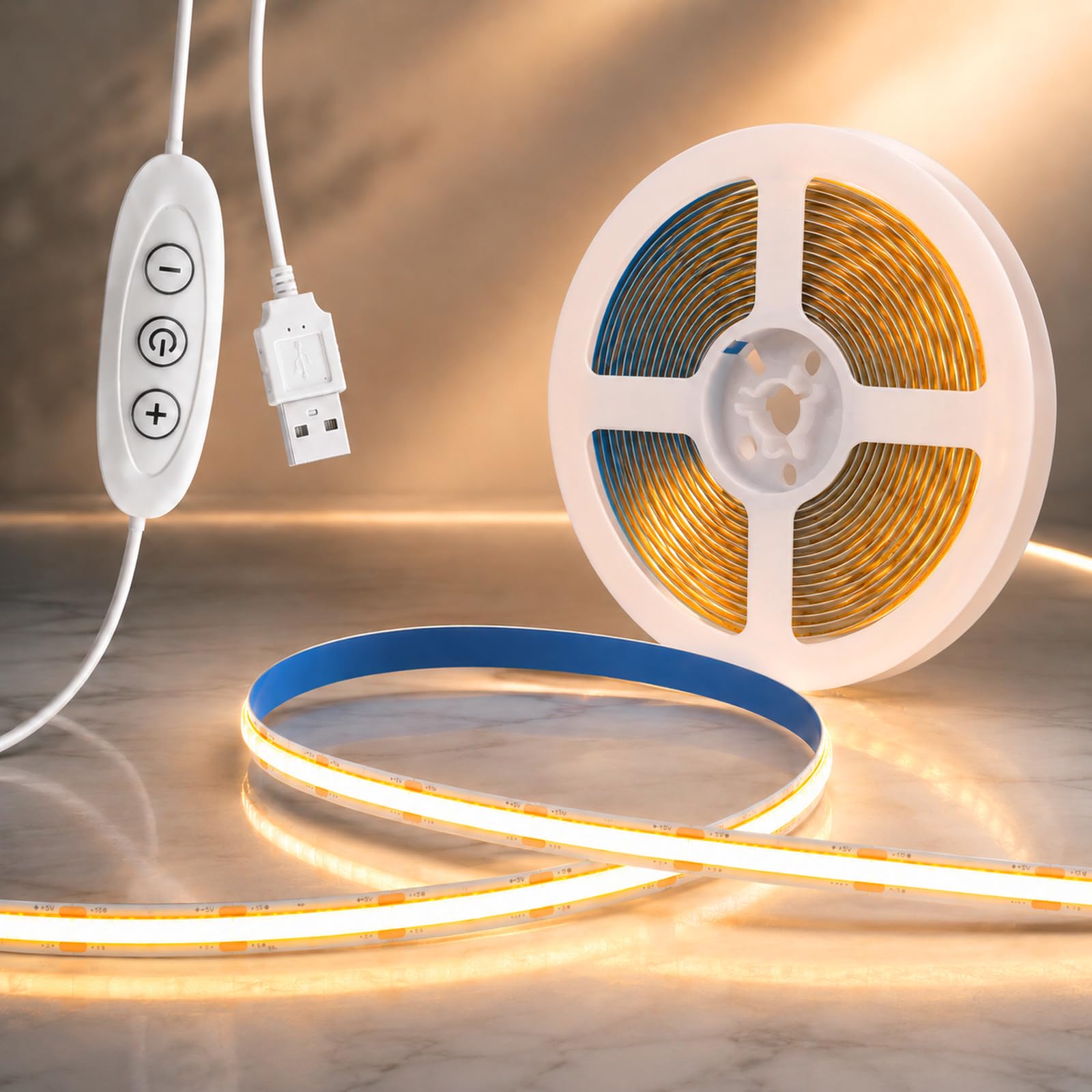 Liwqolx COB LED Strip Light 3 m, Warm White 2700K 5V USB Flexible Dimmable LED Light Strip, 320LEDs/M, 8mm Width CRI92+ Dotless Tape Light High Density for Bedroom Kitchen Under Cabinet Home Decor