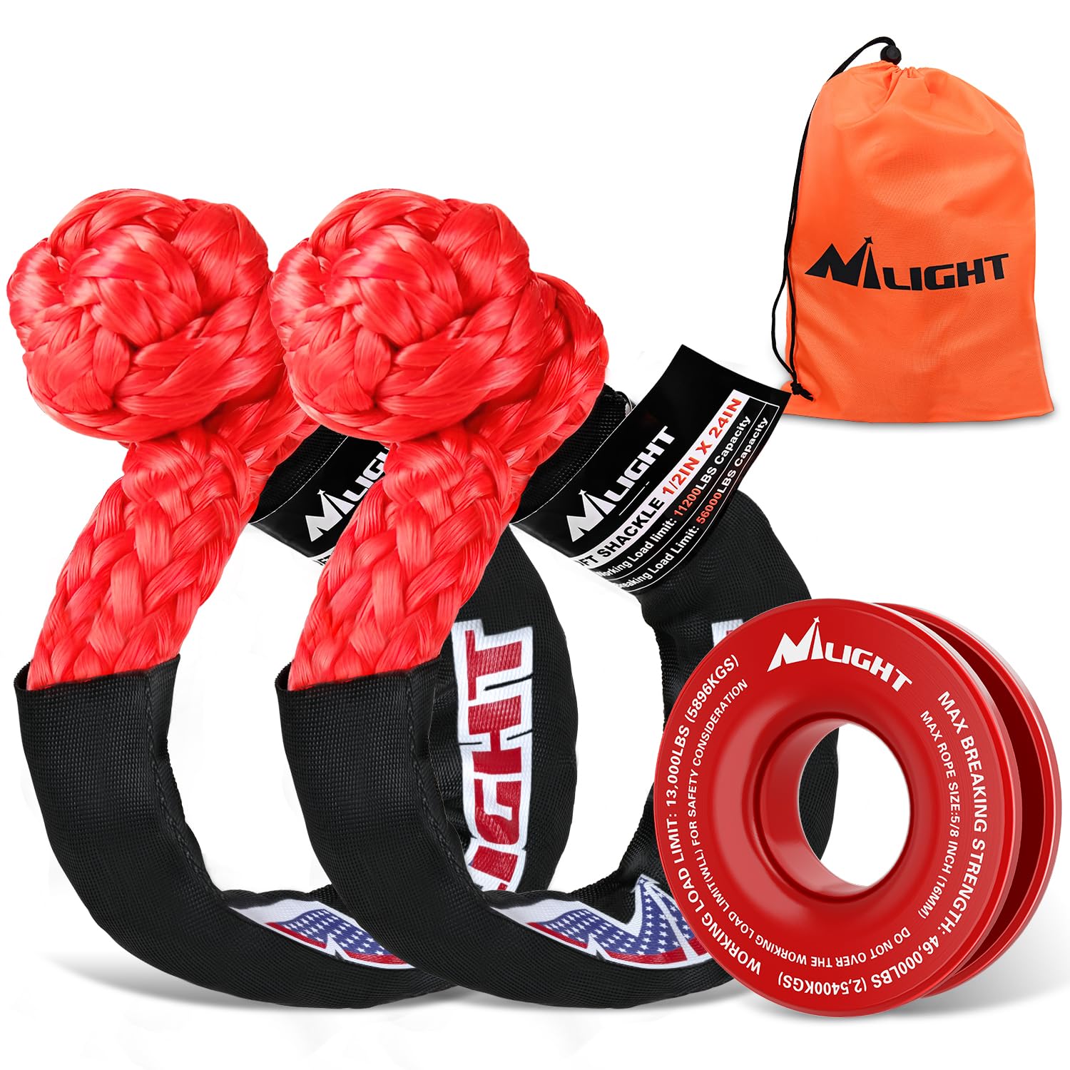 Nilight 2PCS Synthetic Soft Shackle 1/2" x 24" &amp; Recovery Ring Kit