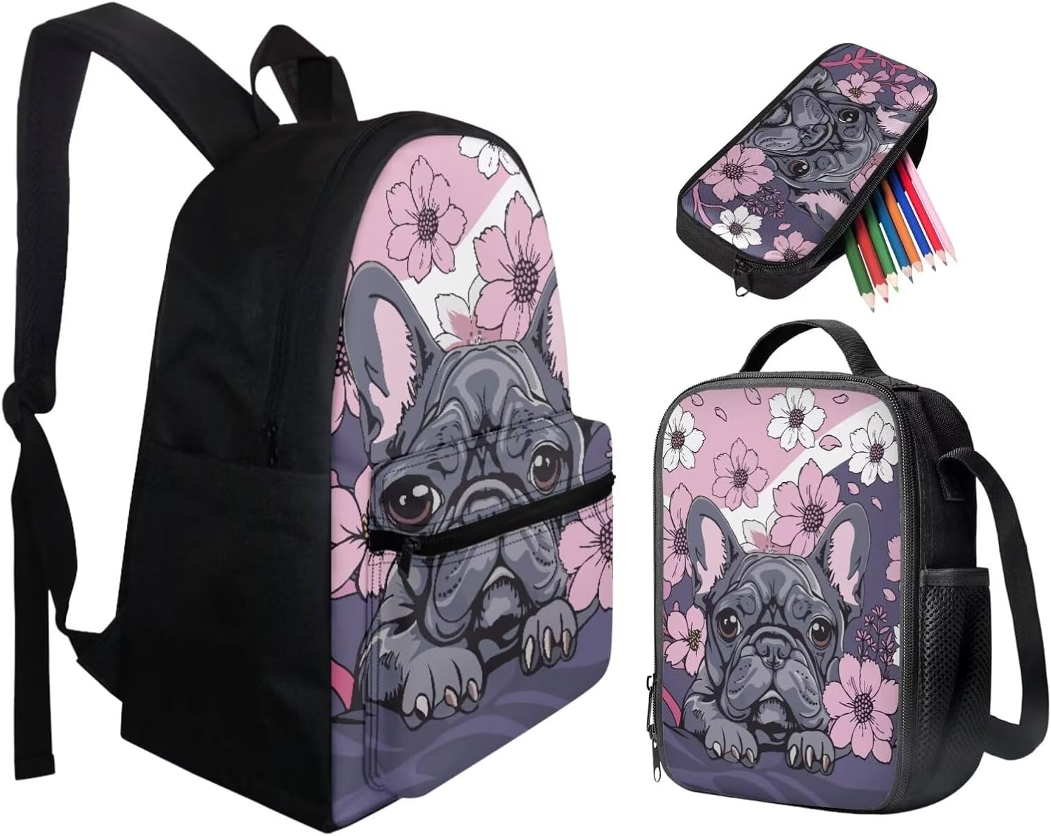 HUGS IDEA French Bulldog Floral Print 3 Pieces Backpack+Insulated Lunch Box+Pencil Bag School Bags Set Bookbags for Kids Back to School