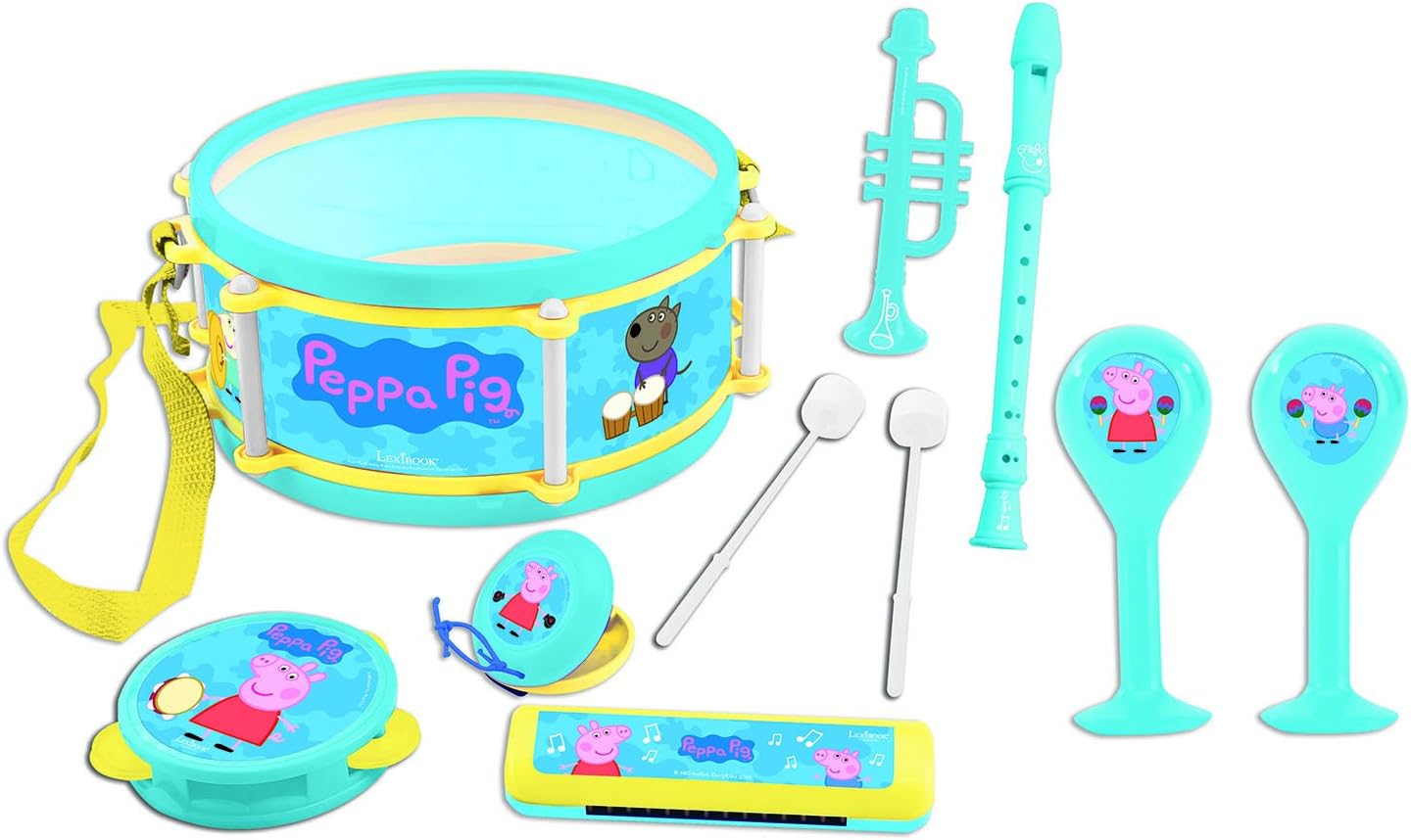 – Lexibook Peppa Pig Georges Musical Toy, Set of 7 music instruments (Drum, Maracas, Castanet, Harmonica, Recorder, Trumpet, Tambourine), Convenient game to carry, Blue/Yellow, K360PP